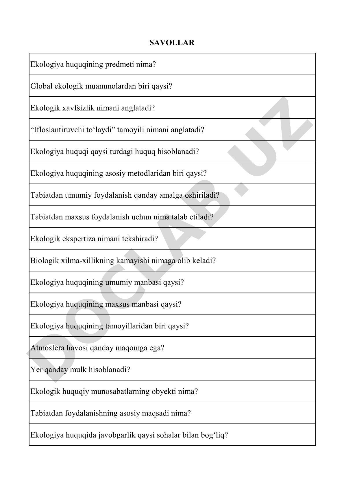 Ekologiya huquqi bo'yicha savollar