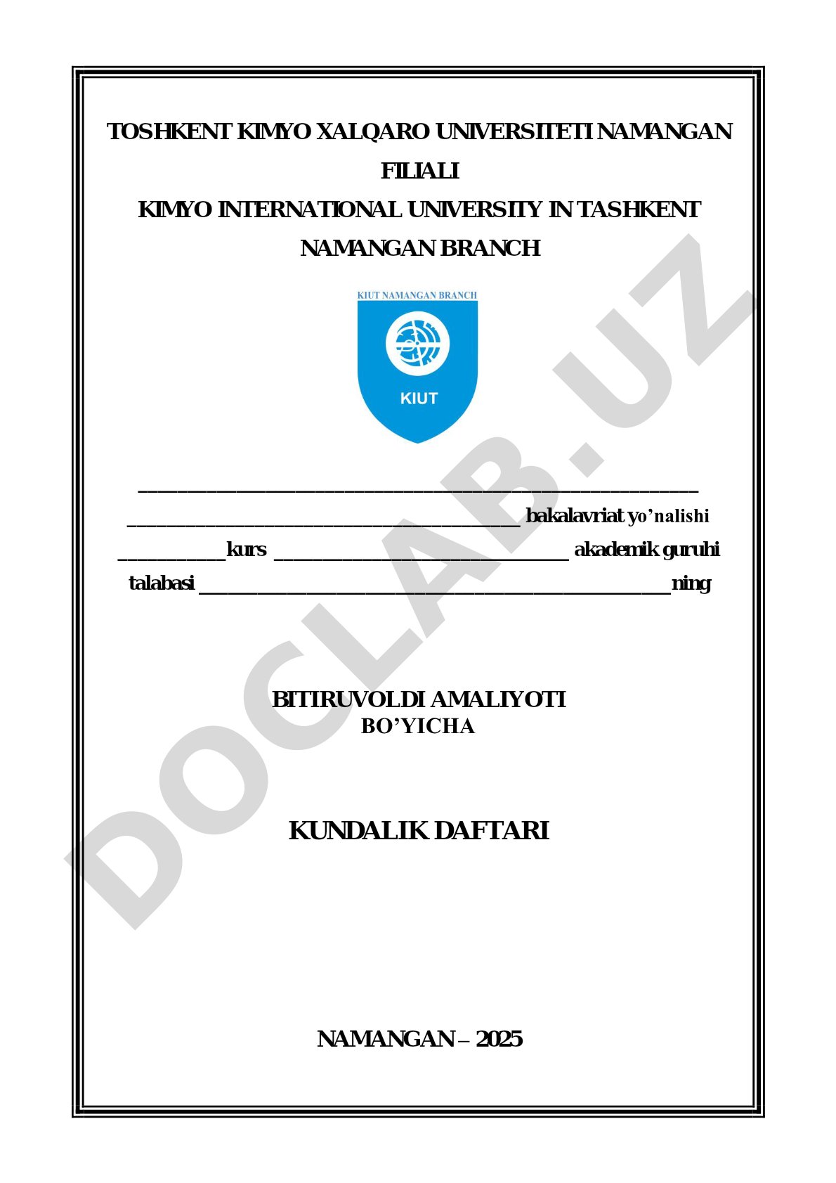 Bitiruvoldi amaliyoti bo'yicha kundalik daftar