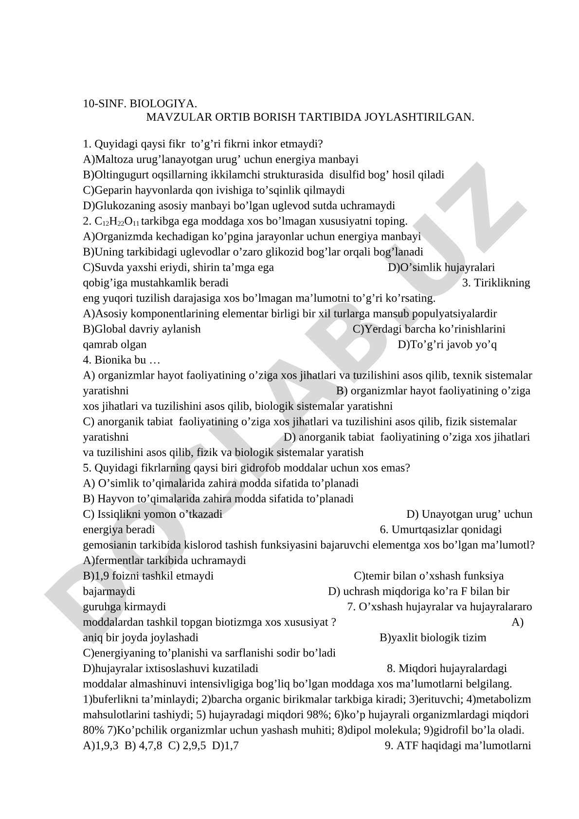 10-sinf biologiya fanidan test savollari