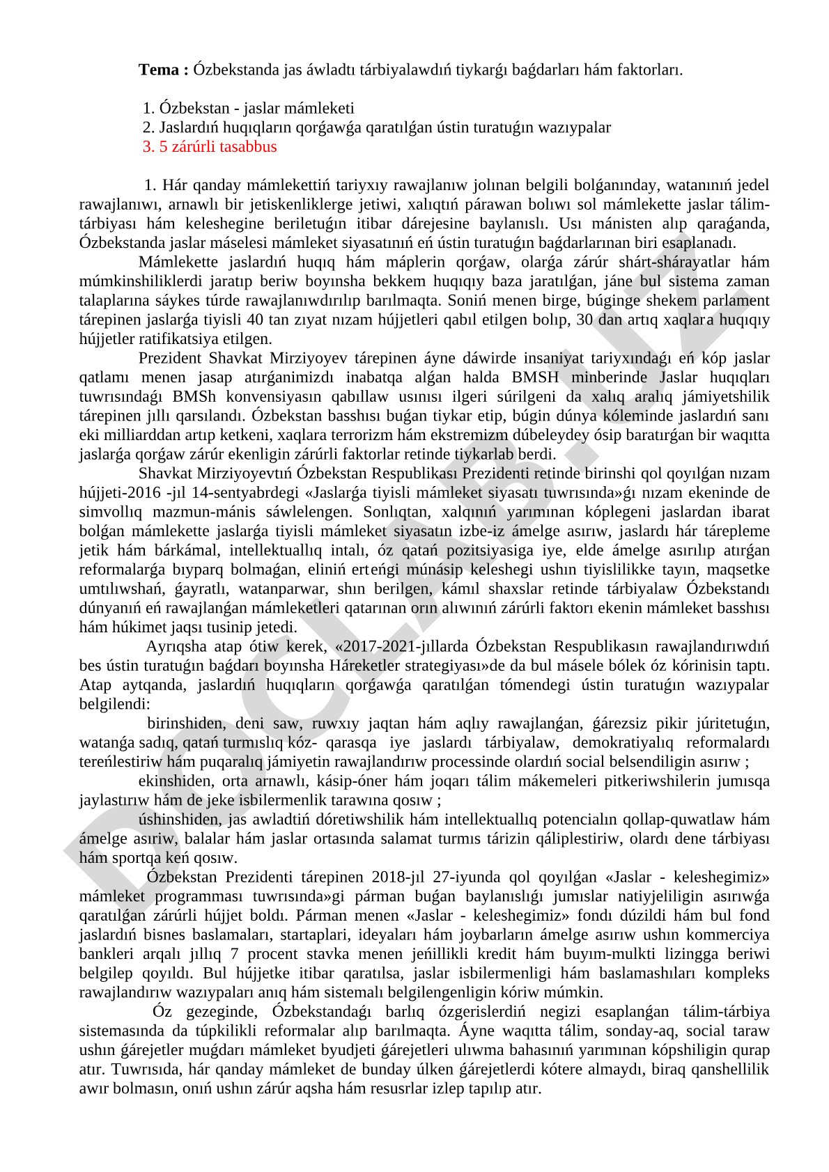 Ózbekstanda jas áwladtı tárbiyalawdıń tiykarǵı baǵdarları hám faktorları