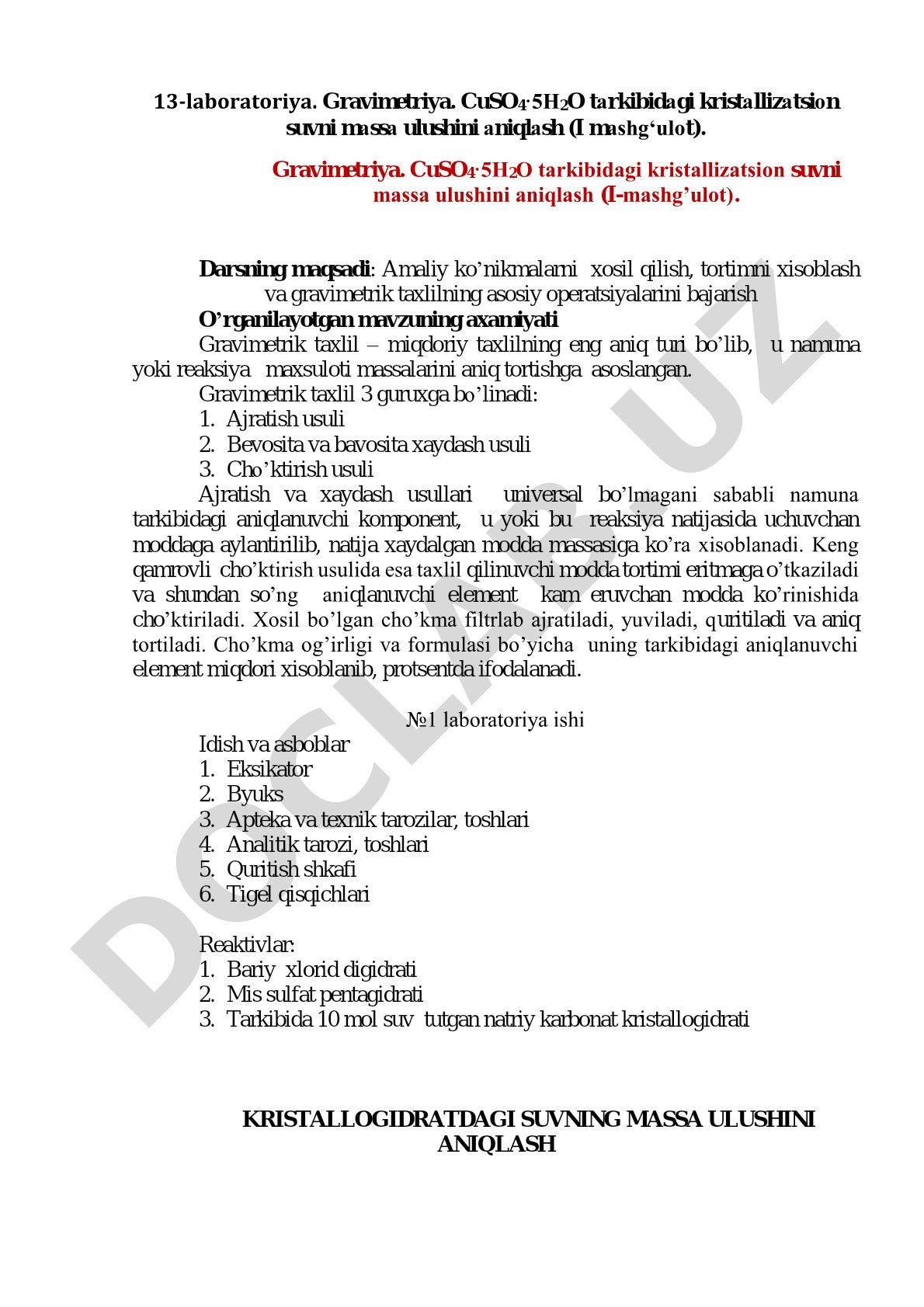 Gravimetriya. CuSO4·5H2O tarkibidagi kristallizatsion suvni massa ulushini aniqlash