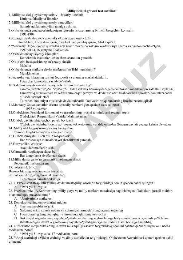 Milliy istiklol g‘oyasi test savollari