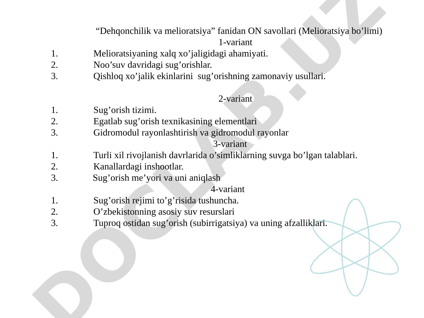 Dehqonchilik va melioratsiya fanidan ON savollari (Melioratsiya bo'limi)