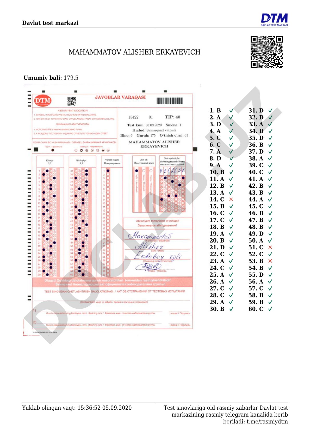 Mahammatov Alisher Erkayevich test natijalari