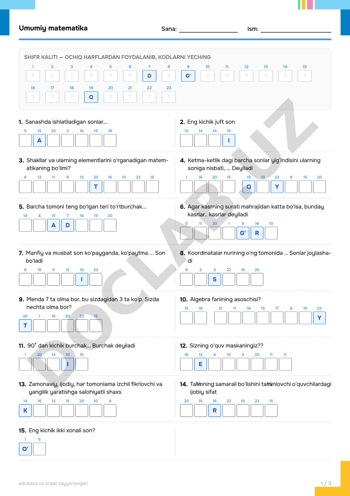 Umumiy matematika shifr kaliti yordamida kodlarni yechish