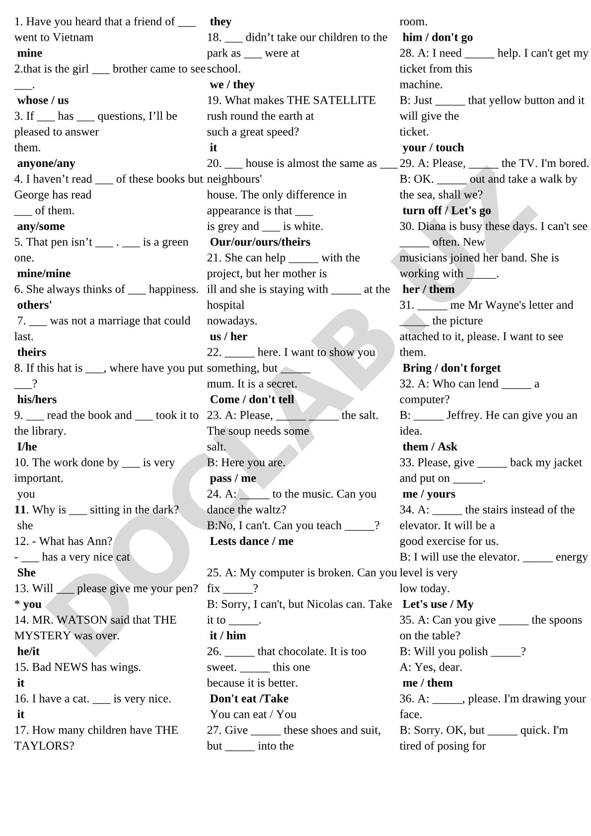 English pronouns exercises with blanks