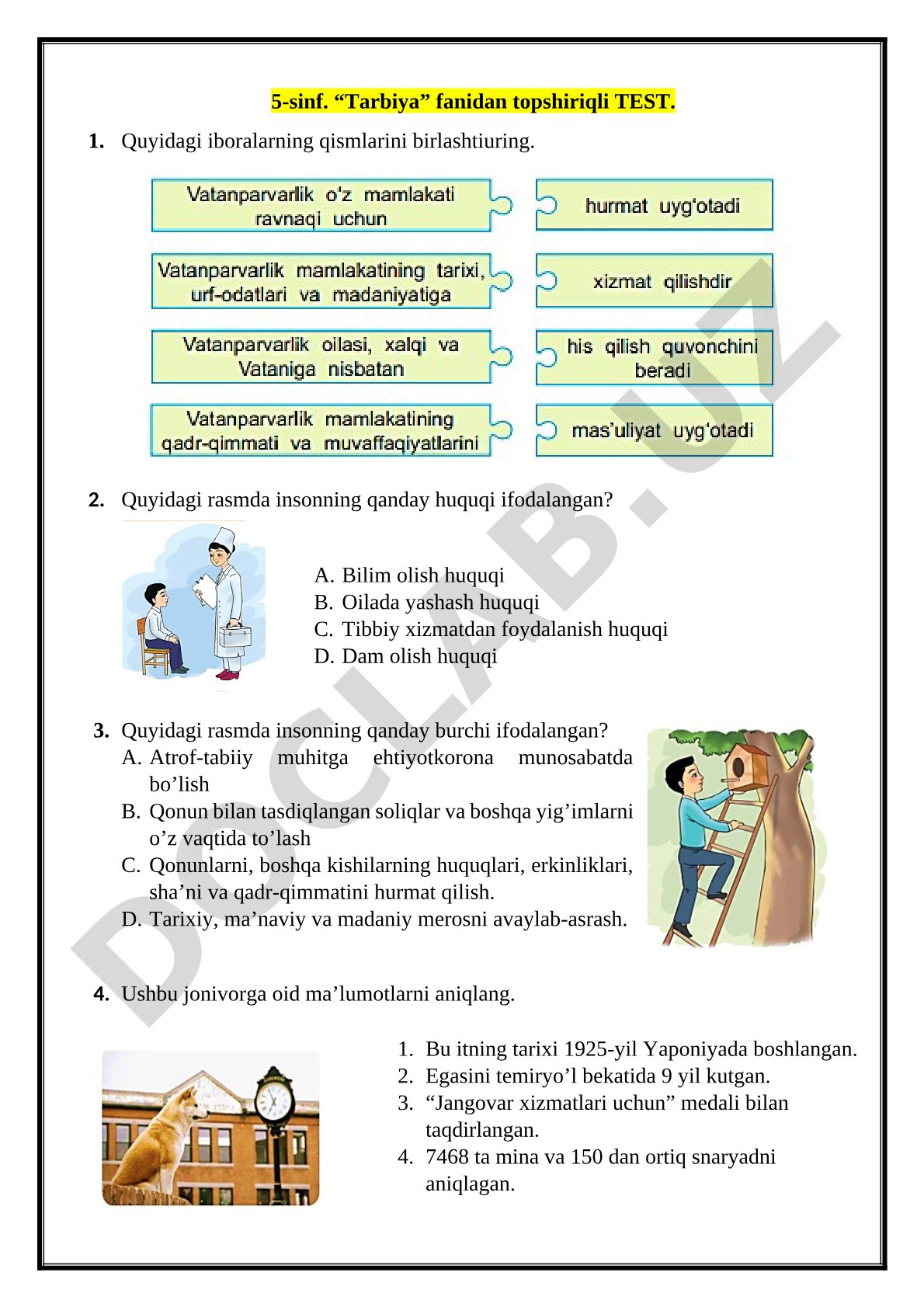 5-sinf. “Tarbiya” fanidan topshiriqli TEST
