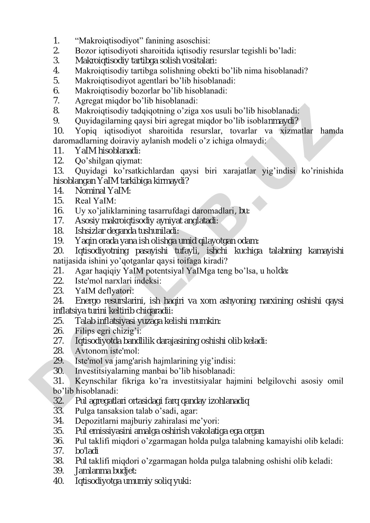 Makroiqtisodiyot fanidan test savollari