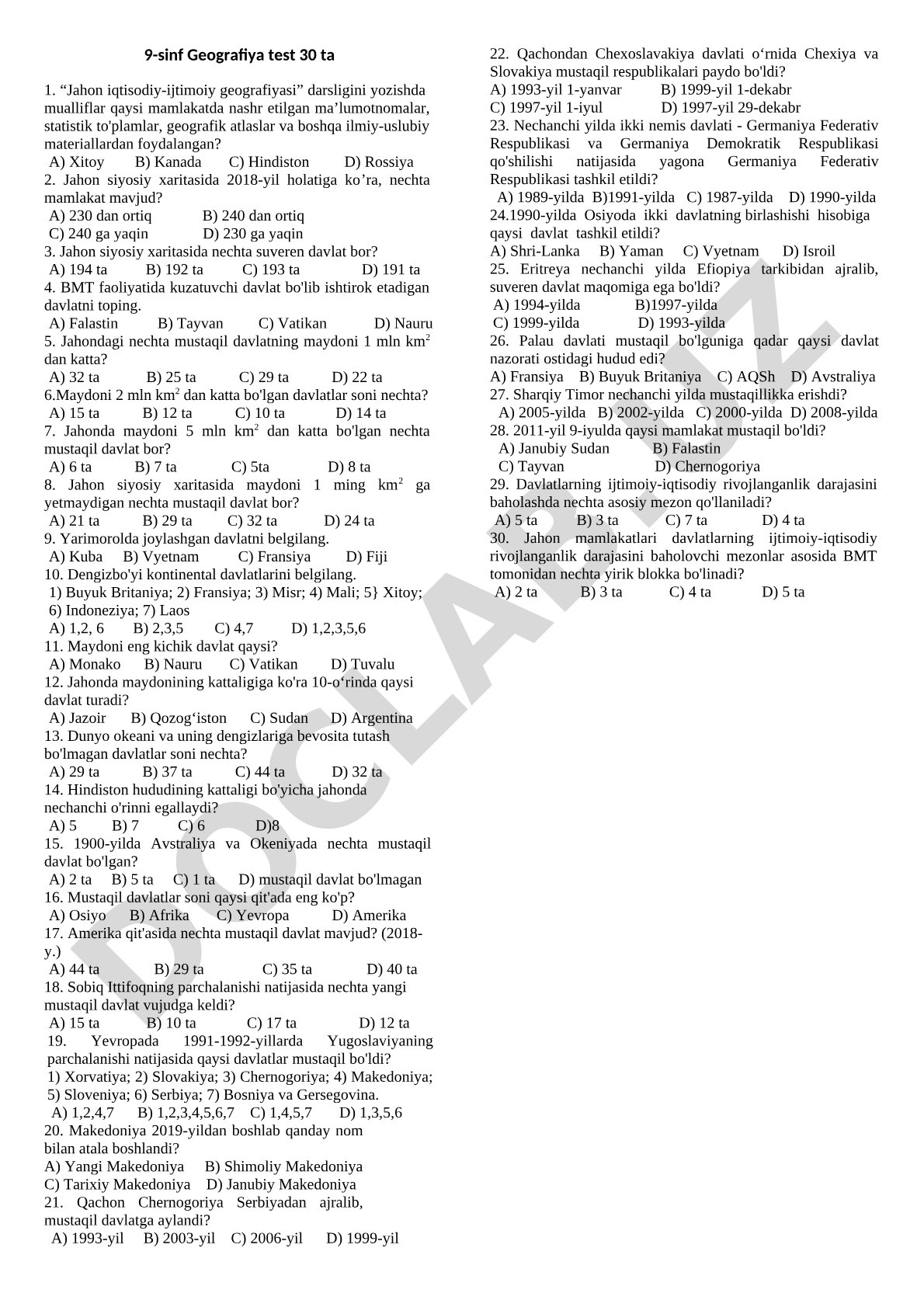 9-sinf geografiya: Jahon siyosiy xaritasi testi