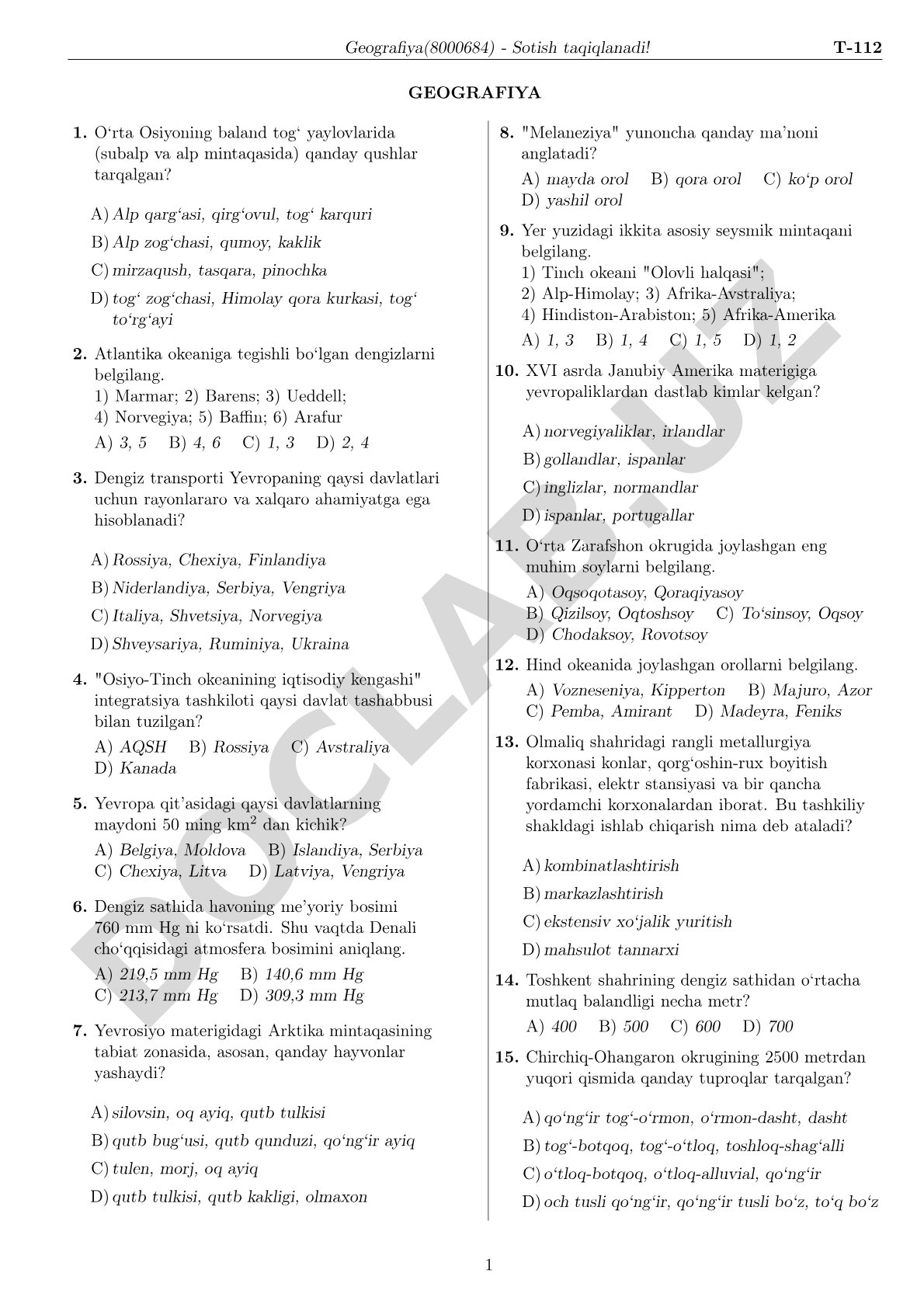 Geografiya fanidan test savollari