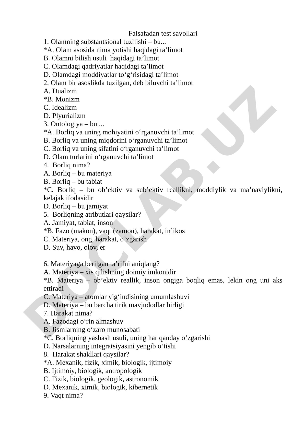 Falsafadan test savollari