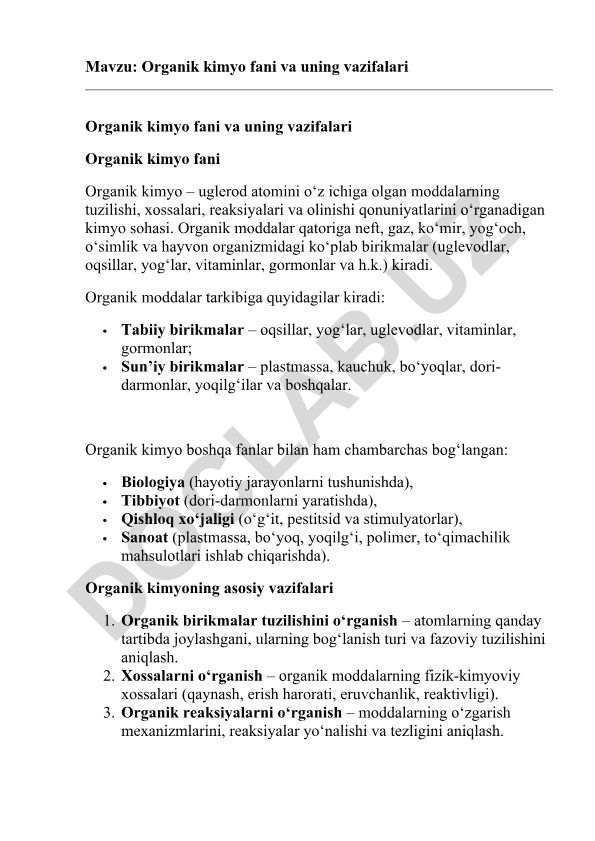 Organik kimyo fani va uning vazifalari