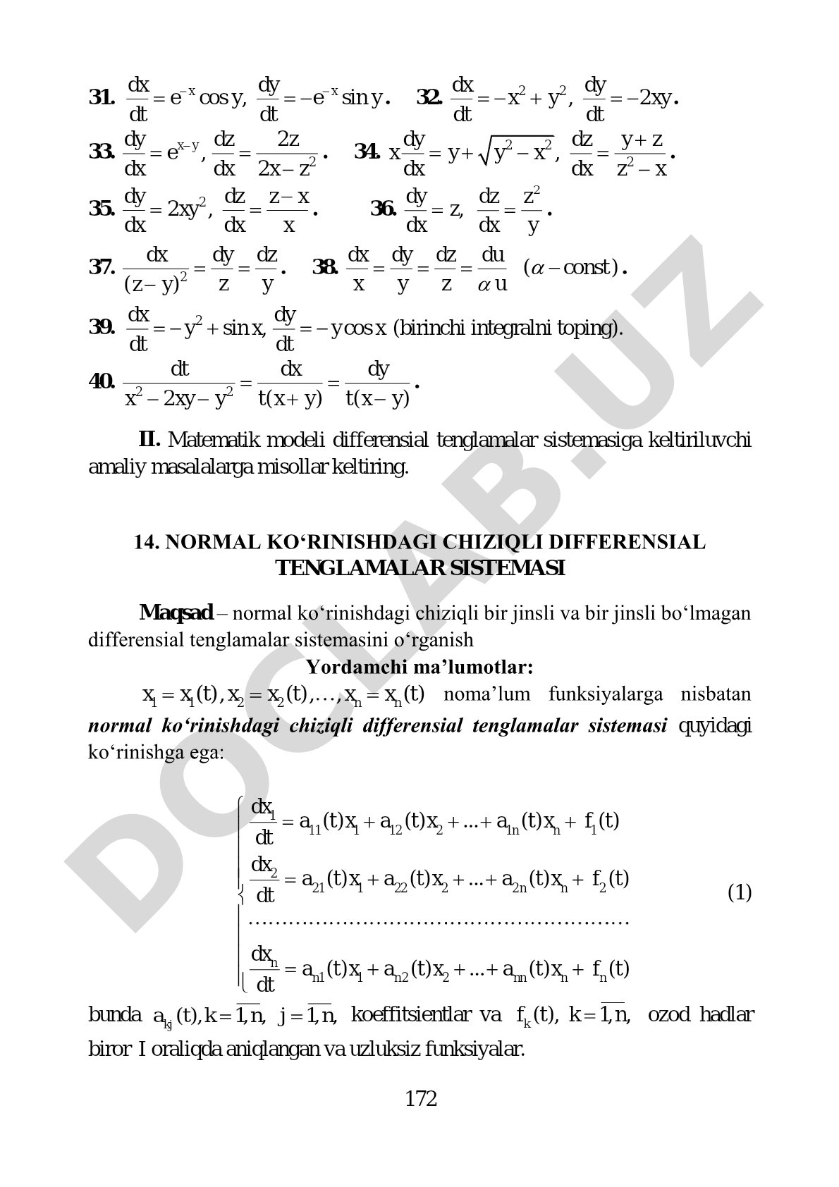Normal ko'rinishdagi chiziqli differensial tenglamalar sistemasi