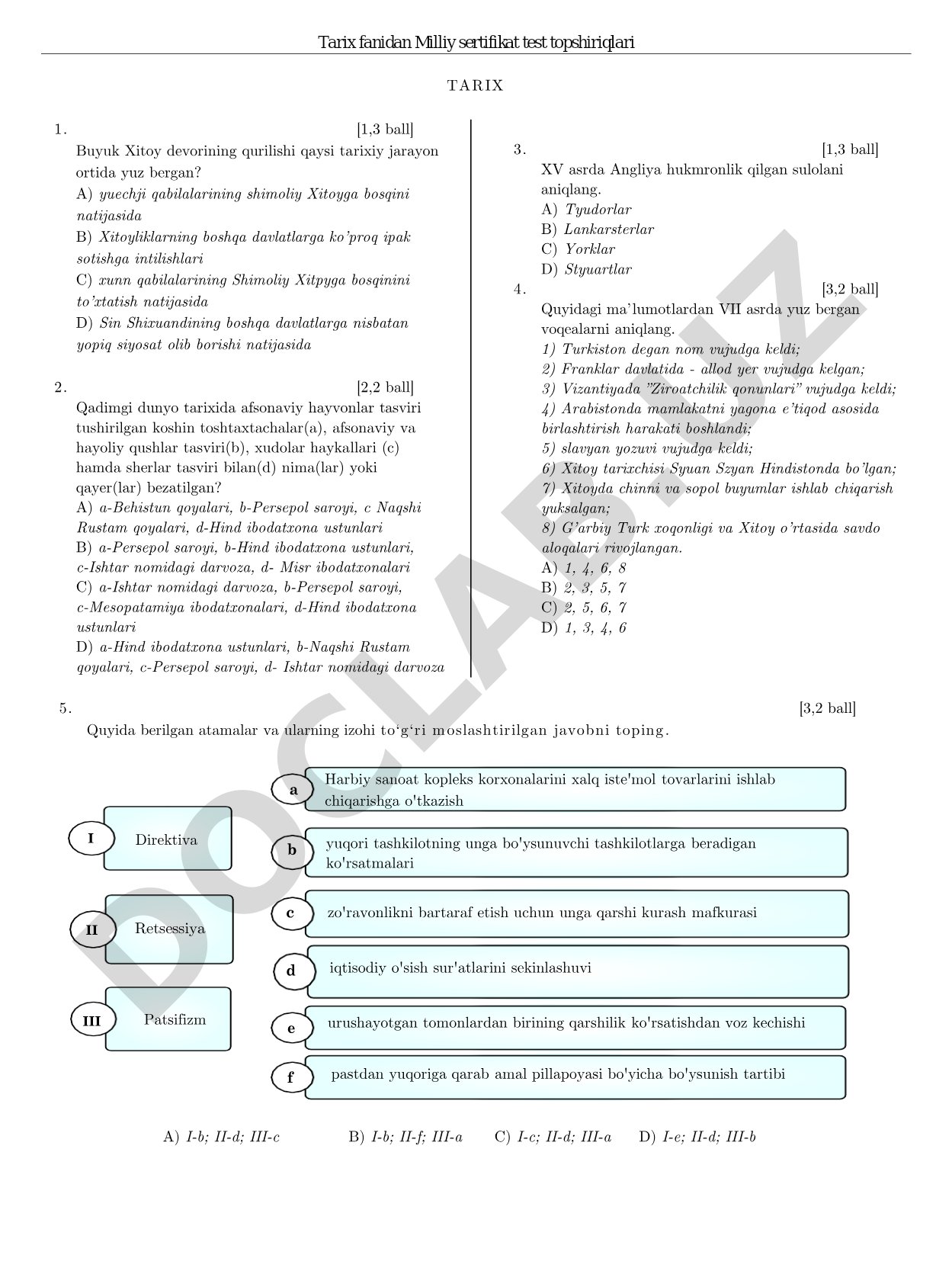 Tarix fanidan Milliy sertifikat test topshiriqlari