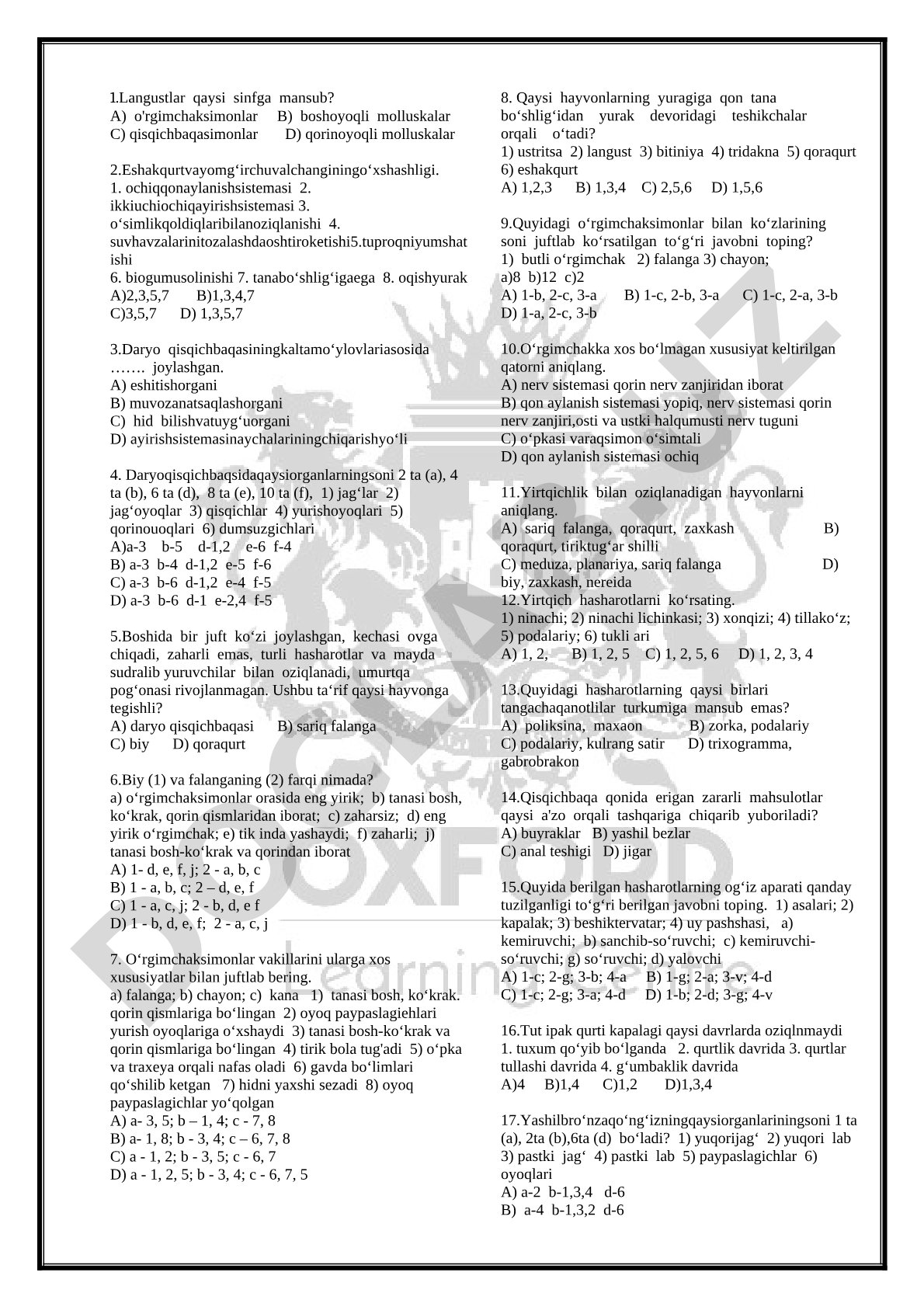 Umurtqasiz hayvonlar test savollari