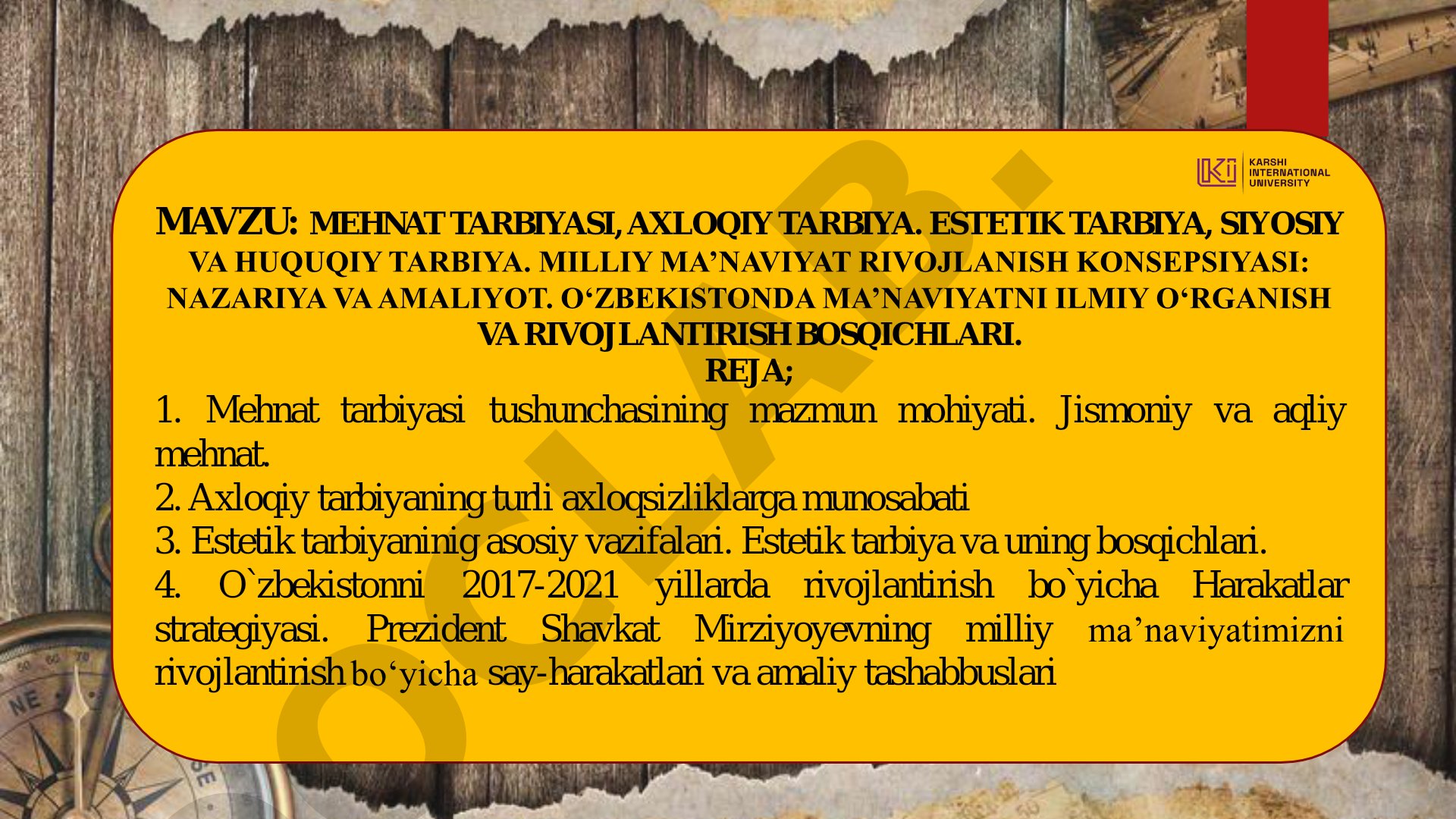 Mehnat tarbiyasi, axloqiy tarbiya, estetik tarbiya, siyosiy va huquqiy tarbiya