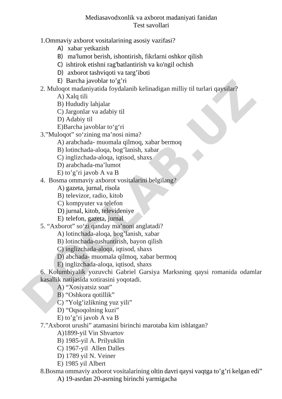 Mediasavodxonlik va axborot madaniyati fanidan Test savollari