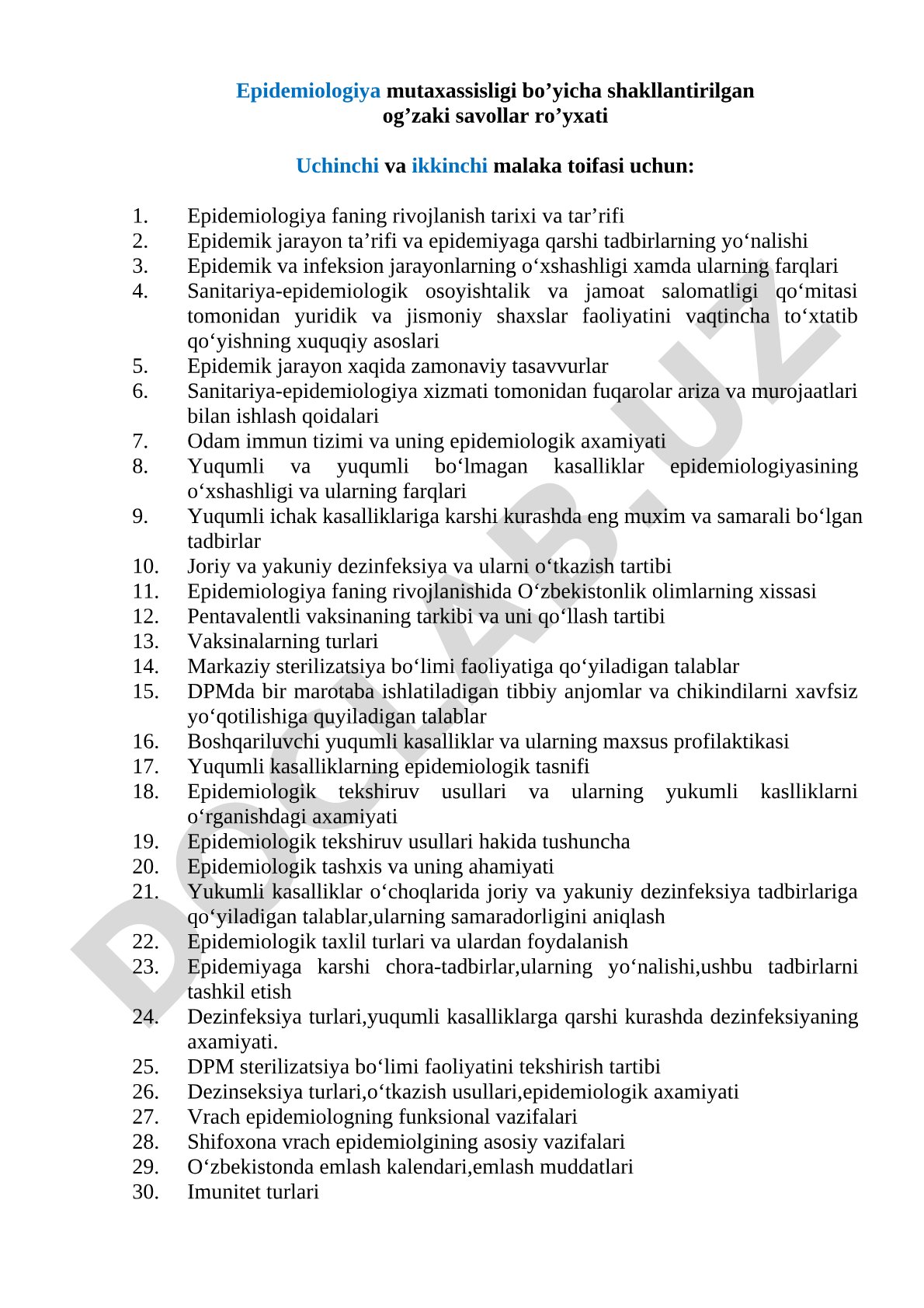Epidemiologiya mutaxassisligi bo'yicha og'zaki savollar ro'yxati