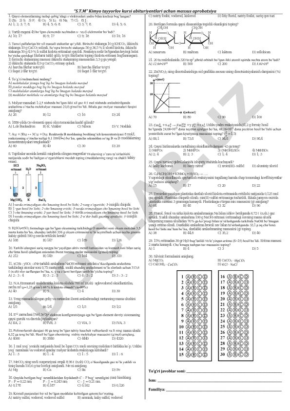Kimyo tayyorlov kursi abituriyentlari uchun test savollari