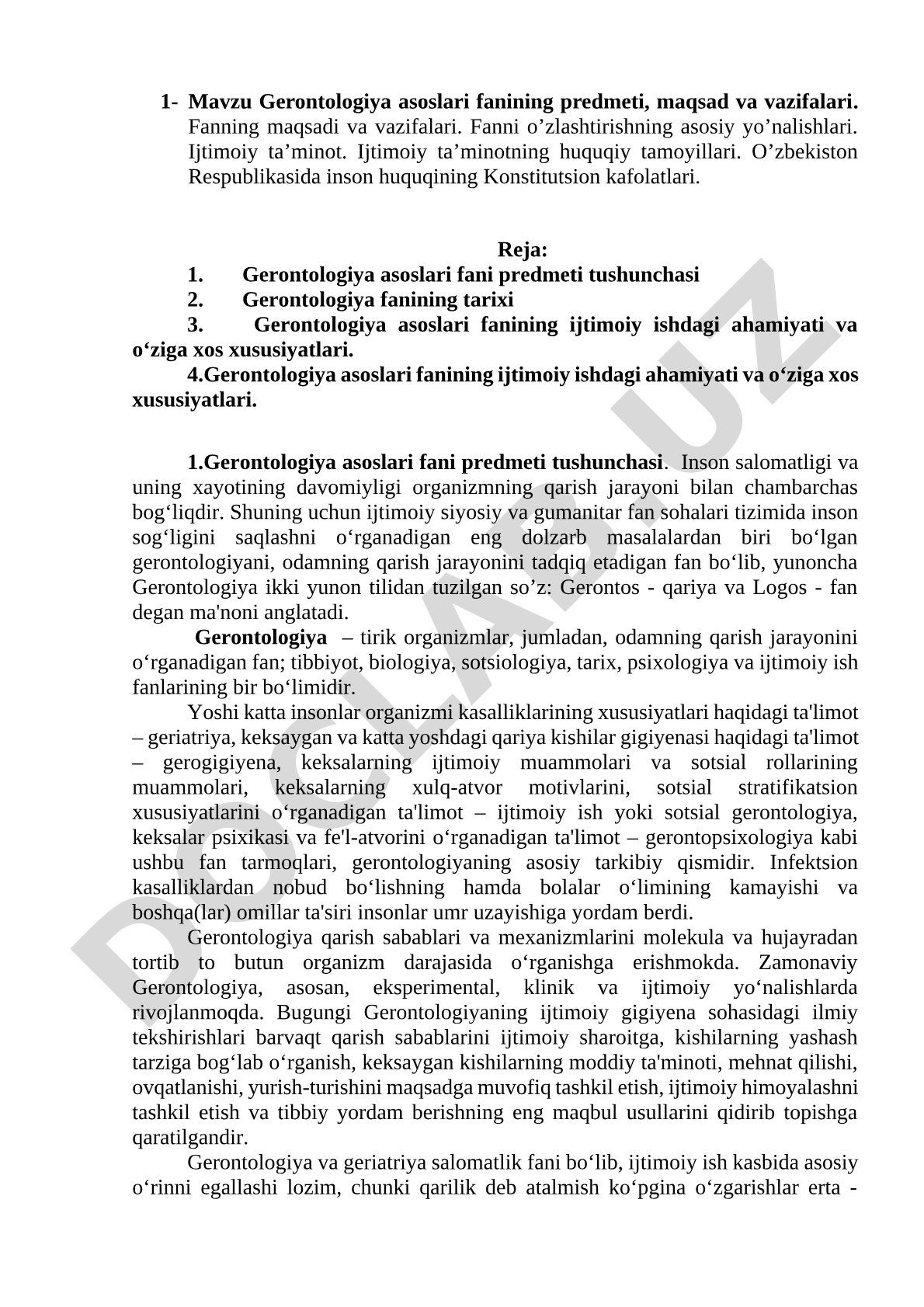 Gerontologiya asoslari fanining predmeti, maqsad va vazifalari