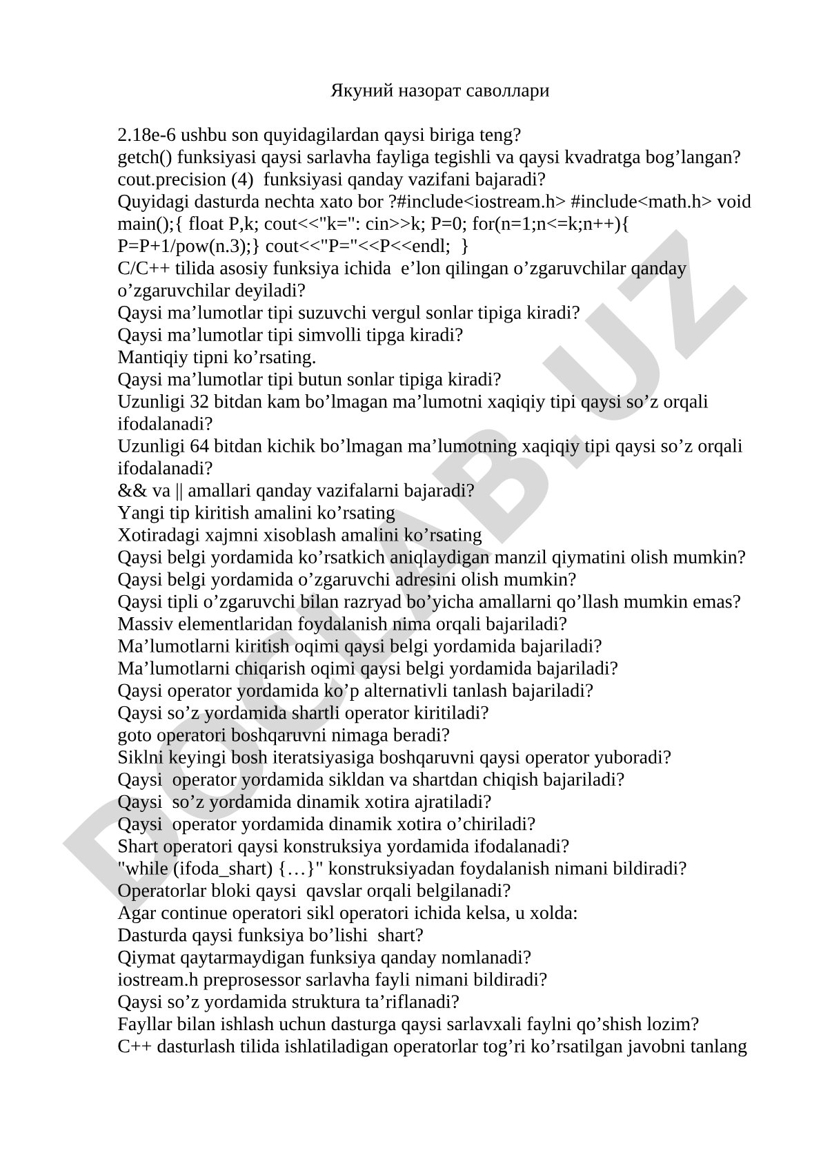 C/C++ tilida test savollari