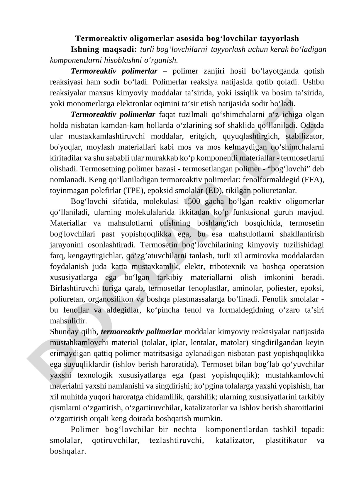 Termoreaktiv oligomerlar asosida bog‘lovchilar tayyorlash