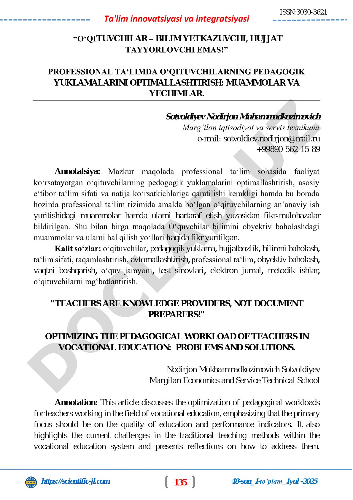 Professional taʼlimda oʻqituvchilarning pedagogik yuklamalarini optimallashtirish: muammolar va yechimlar