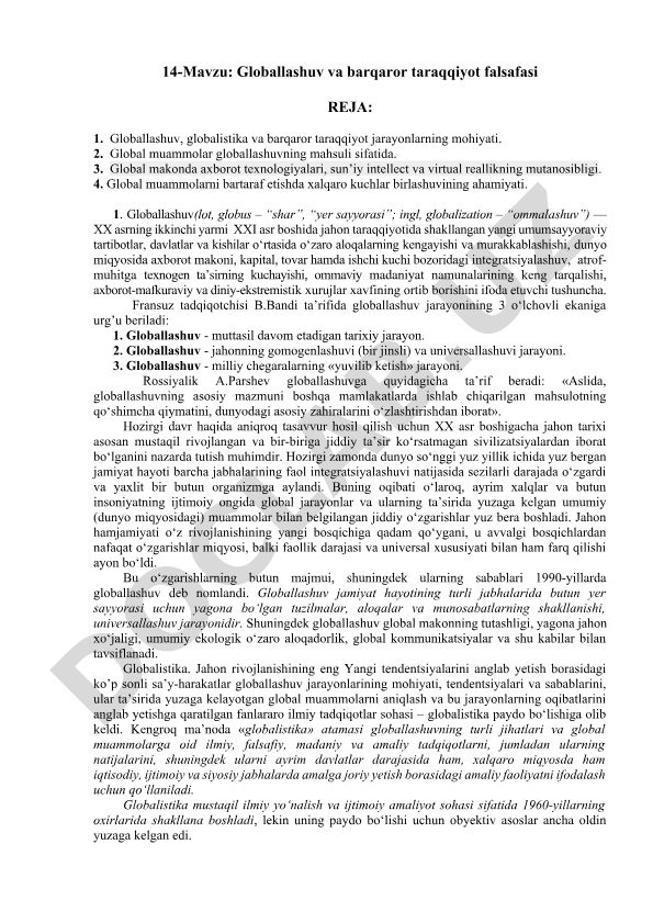 Globallashuv va barqaror taraqqiyot falsafasi