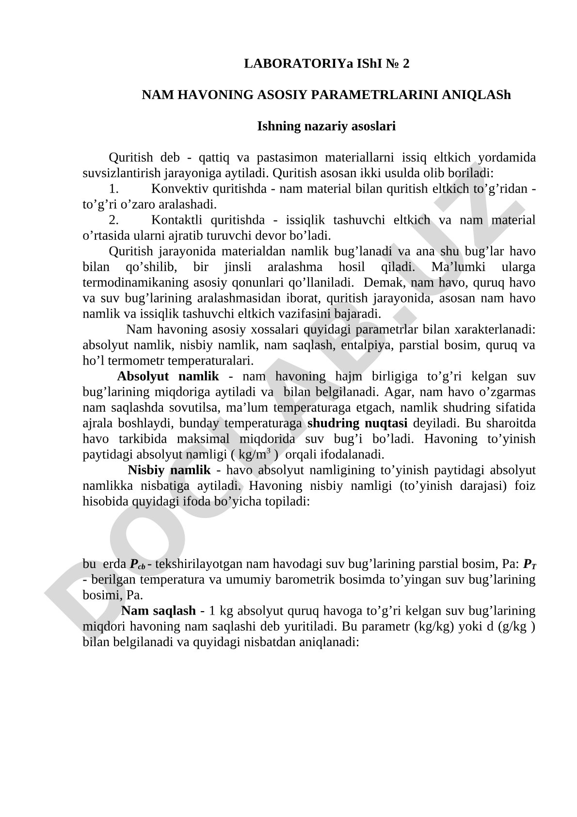 Laboratoriya ishi № 2 nam havoning asosiy parametrlarini aniqlash