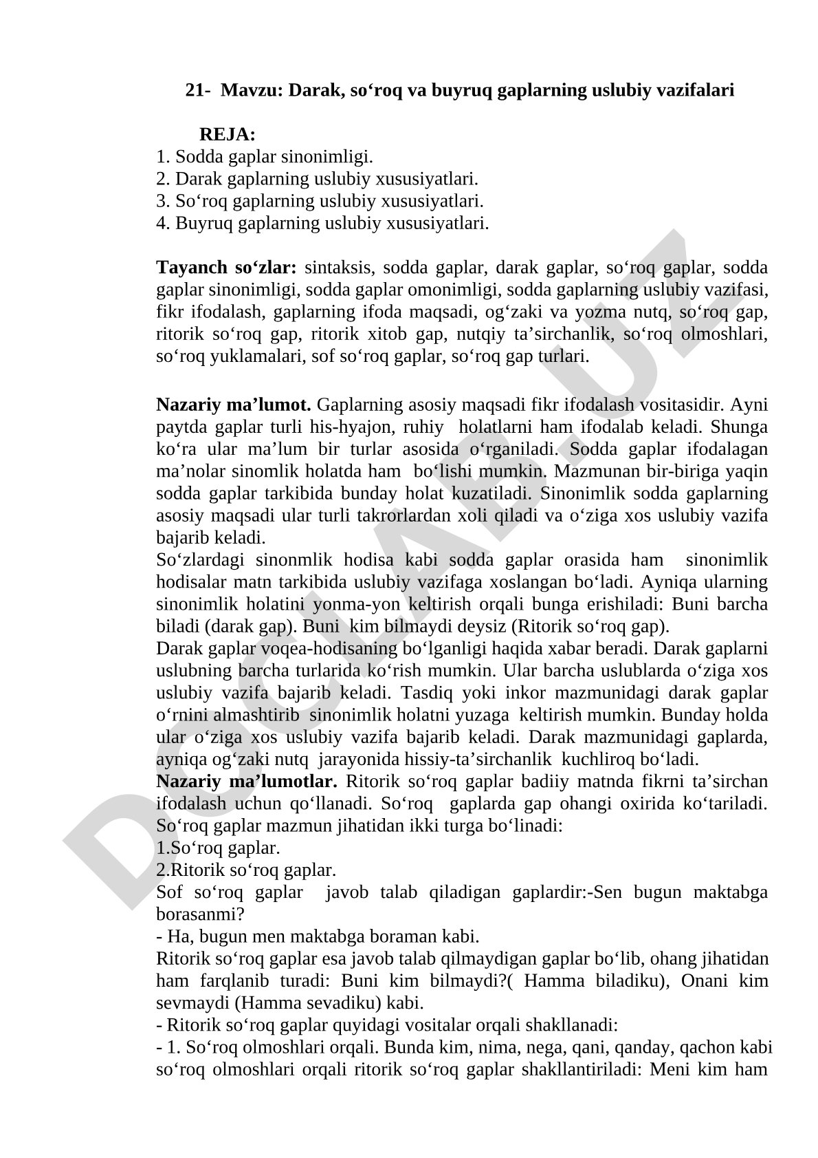 Darak, so‘roq va buyruq gaplarning uslubiy vazifalari