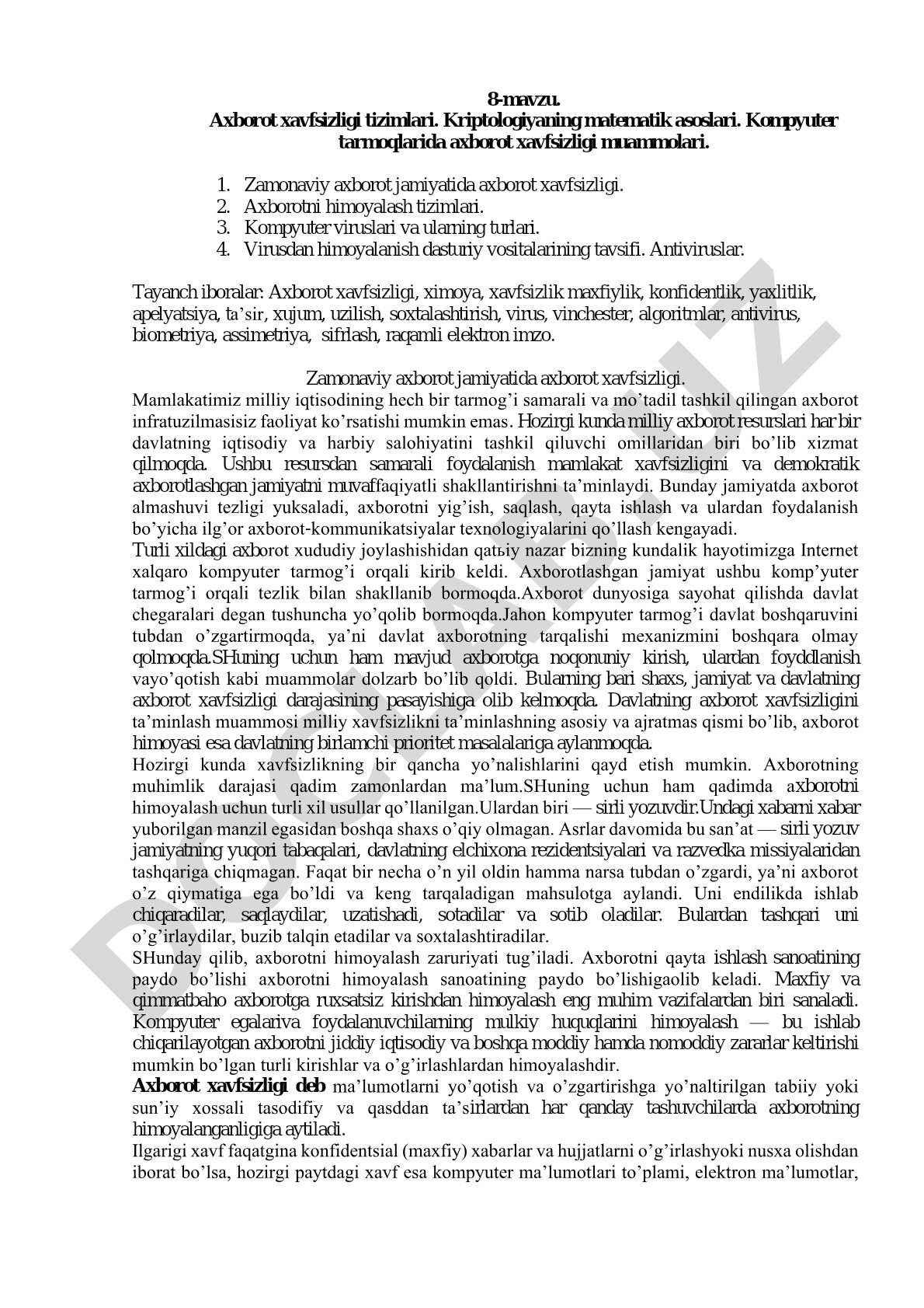 Axborot xavfsizligi tizimlari. Kriptologiyaning matematik asoslari