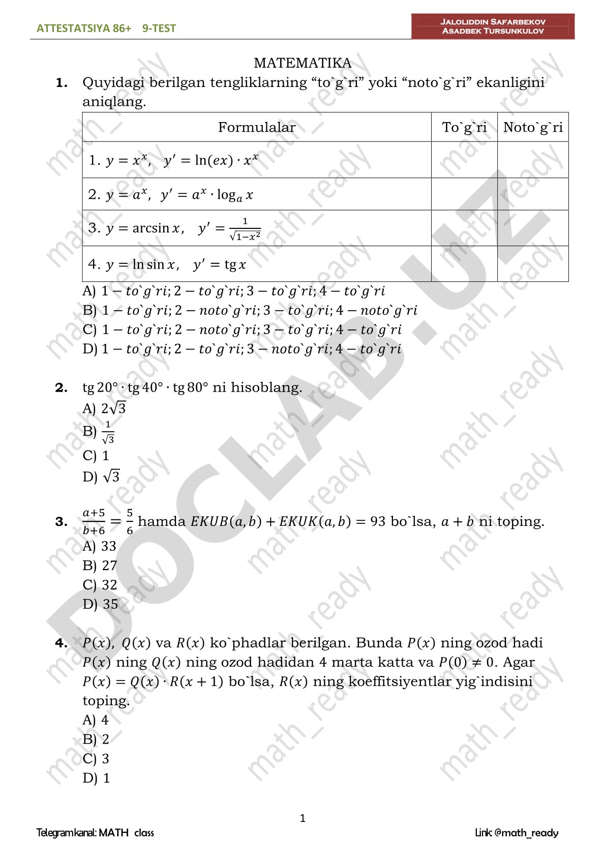 Matematika attestatsiya testi 9-variant