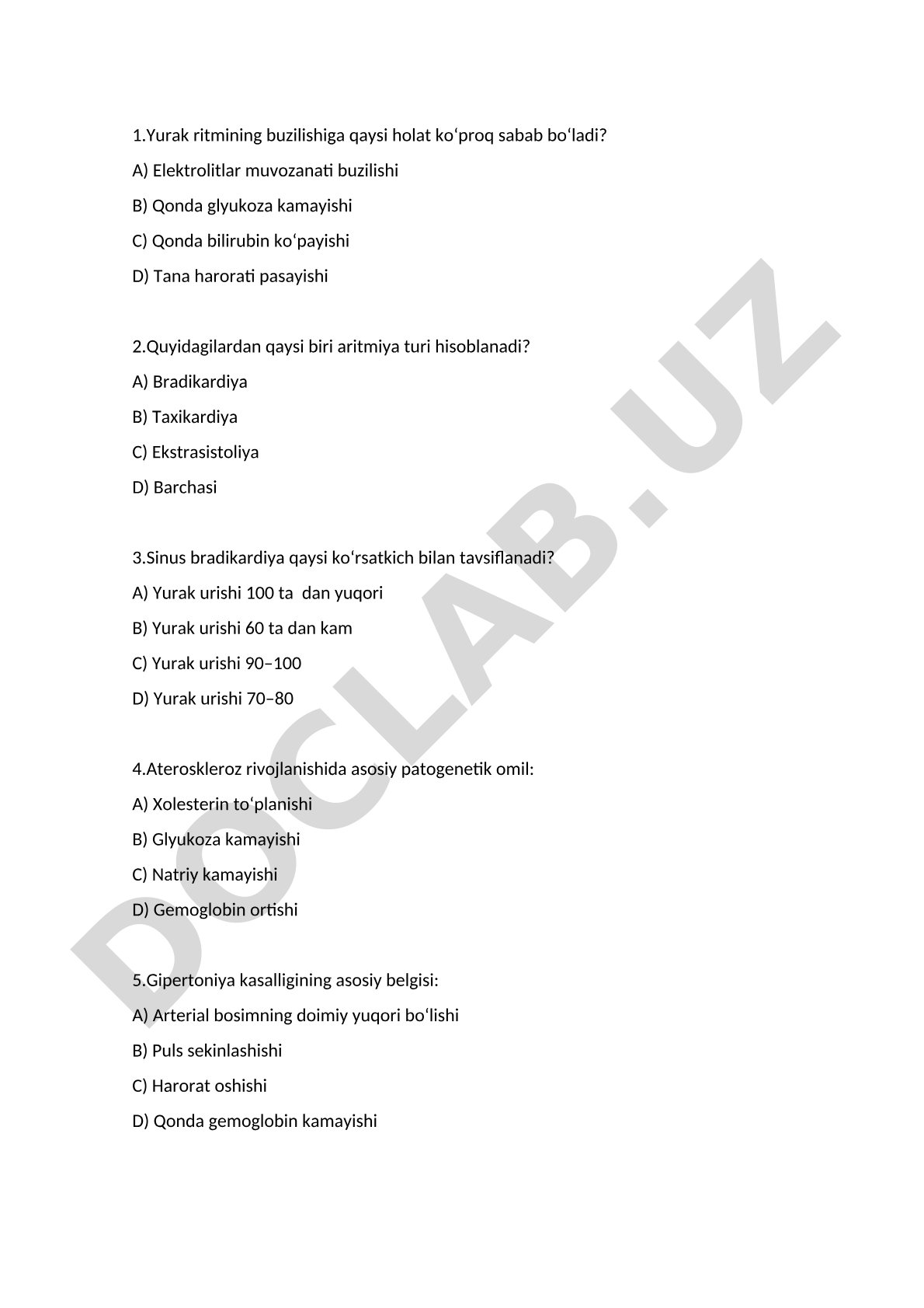 Yurak ritmi buzilishi va aterosklerozga oid test savollari