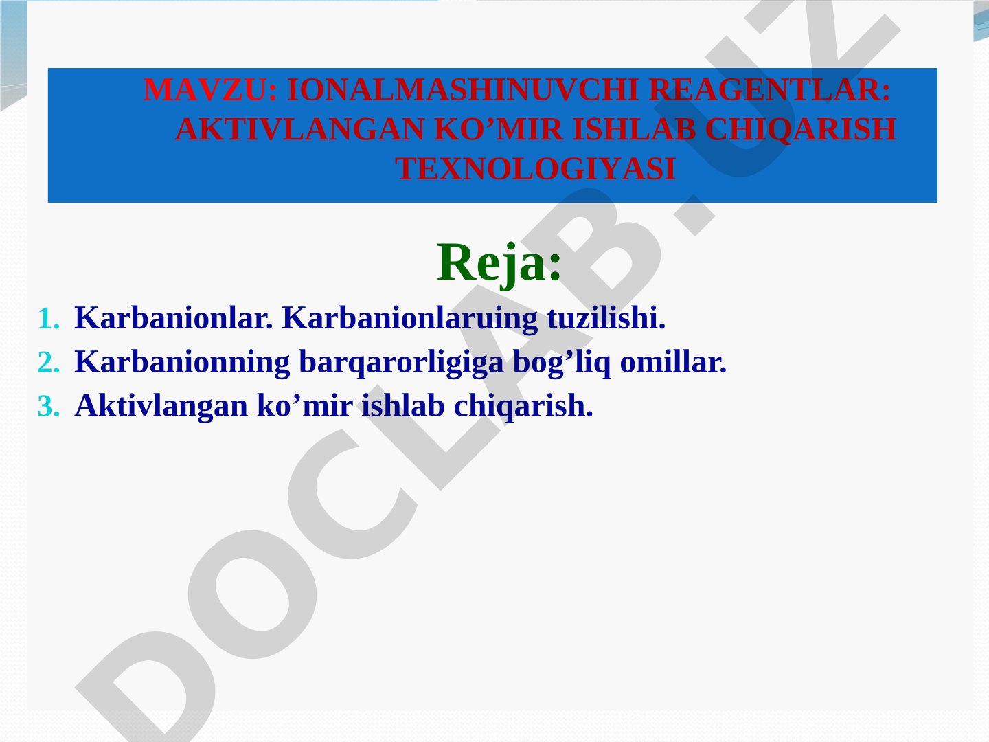 Ionalmashinuvchi reagentlar: aktivlangan ko'mir ishlab chiqarish texnologiyasi karbanionlar