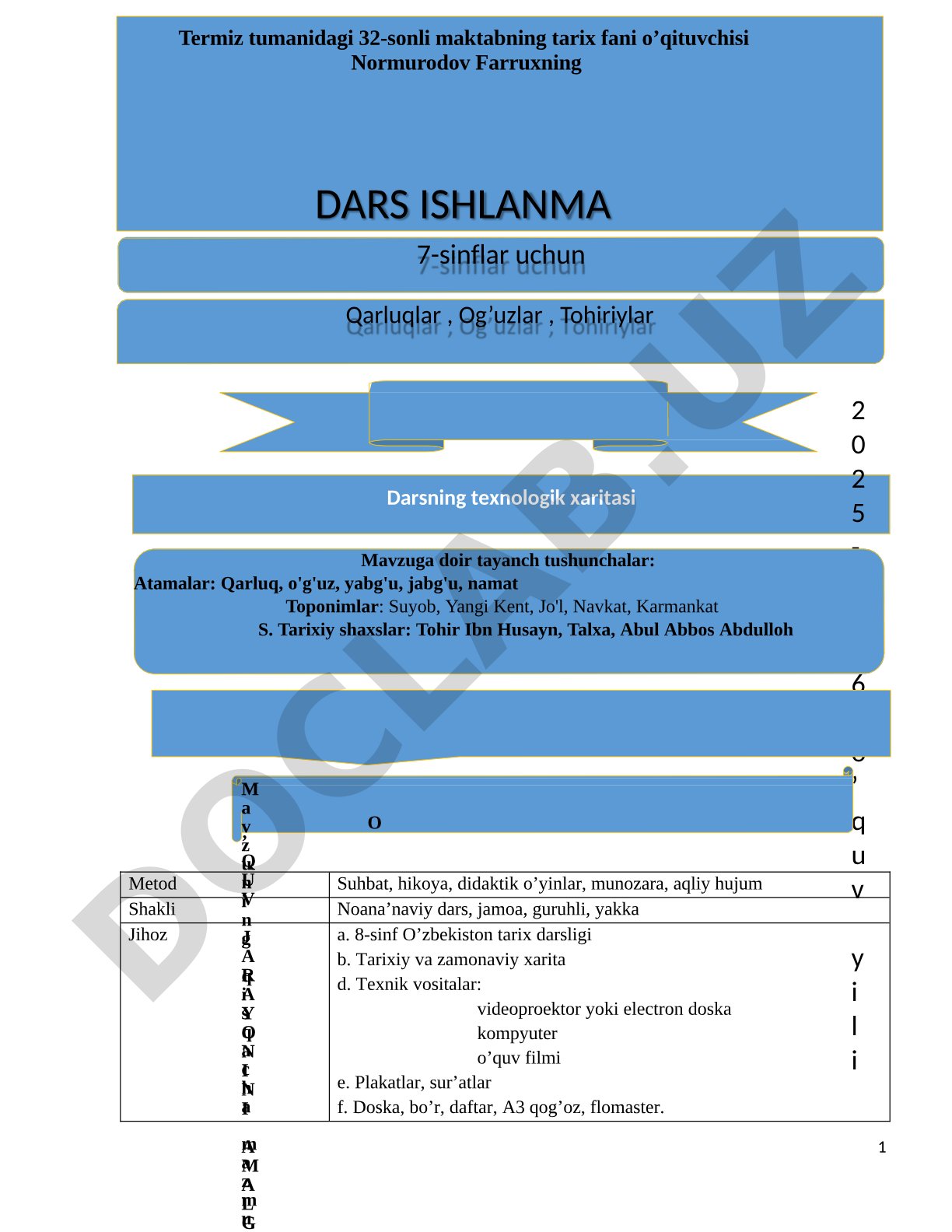 O'zbekiston tarixi 8-sinf dars ishlanmasi