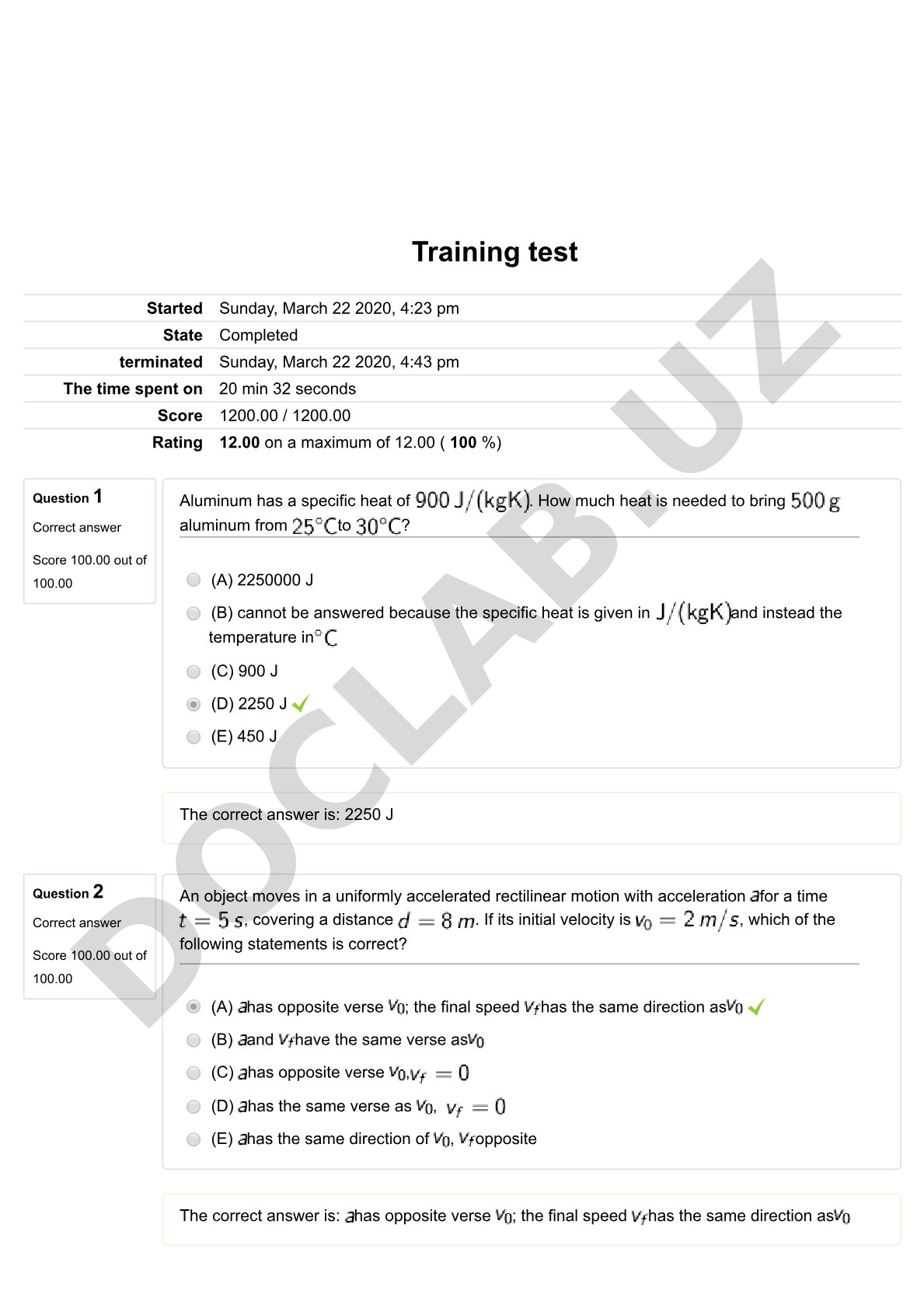 Aluminum specific heat and uniformly accelerated rectilinear motion