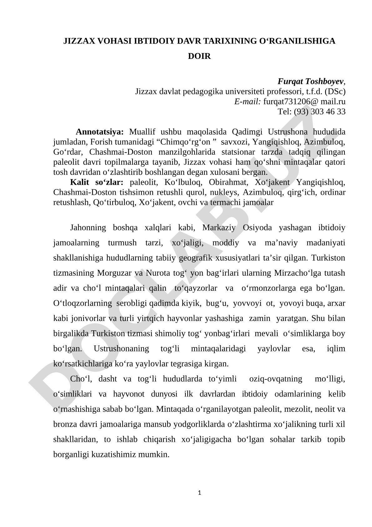 Jizzax vohasi ibtidoiy davr tarixining o'rganilishiga doir