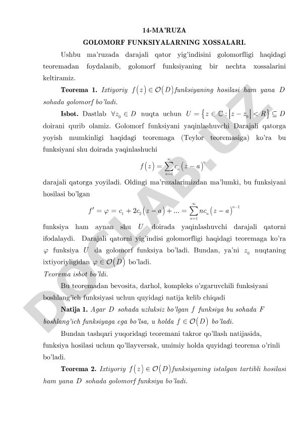 Golomorf funksiyalarning xossalari