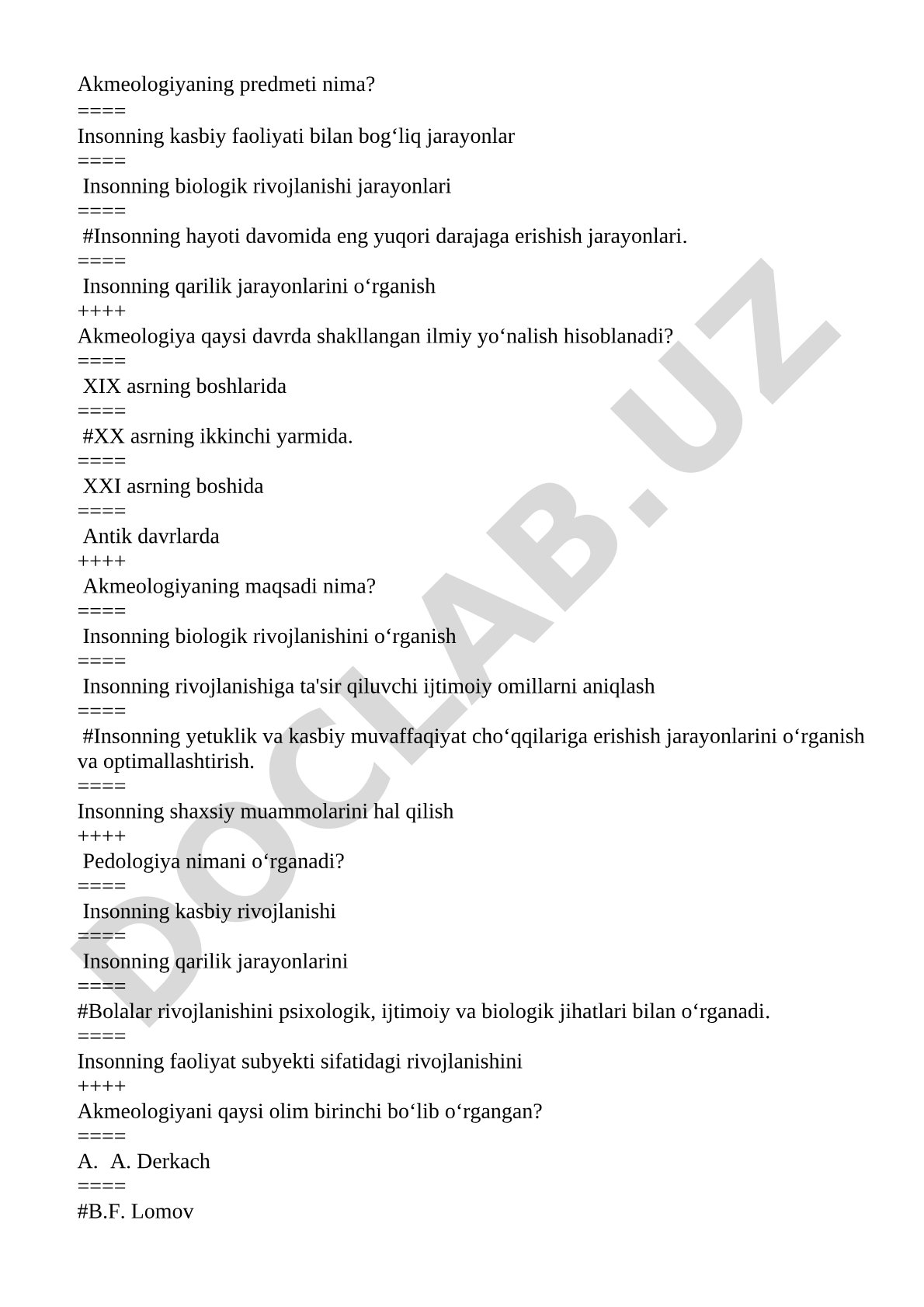 Akmeologiya, pedologiya va gerontologiya fanlaridan test