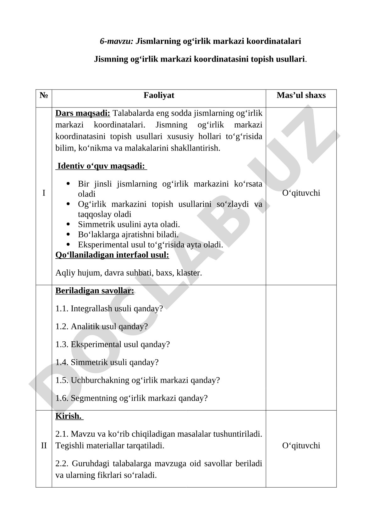 Jismlarning og‘irlik markazi koordinatalari