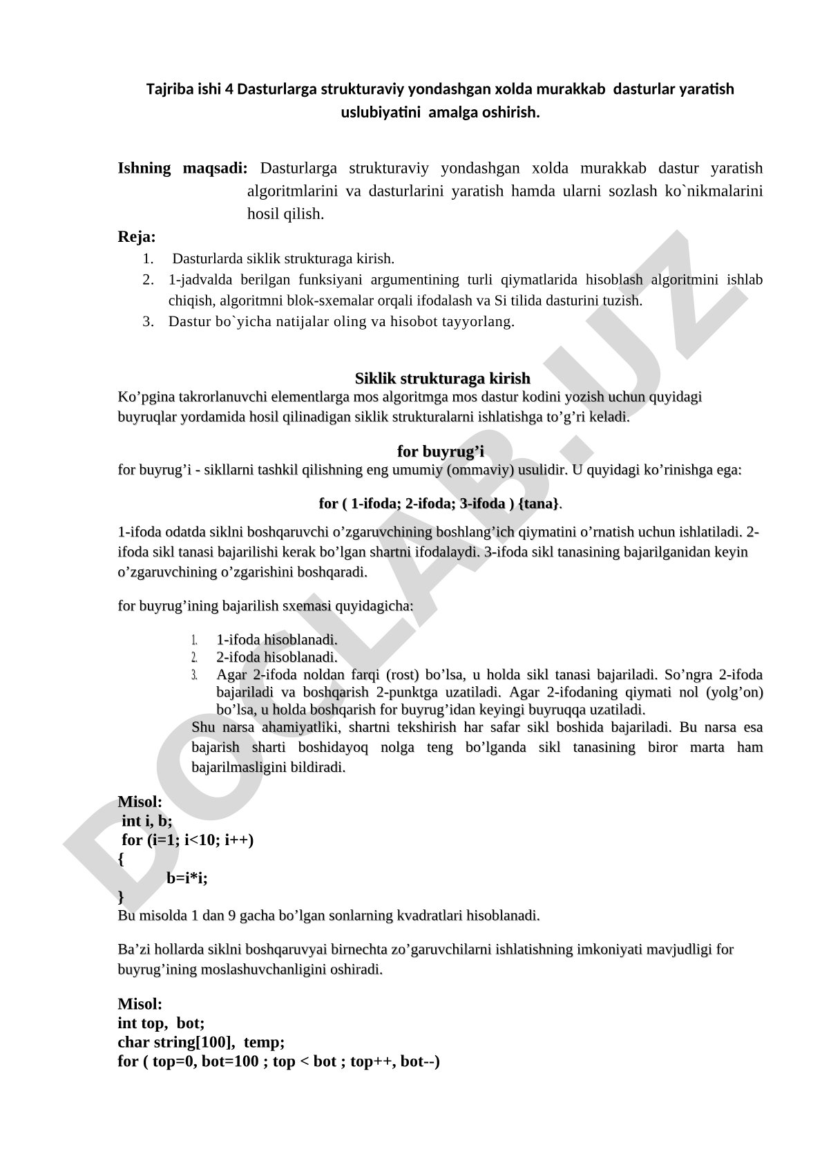 Dasturlarga strukturaviy yondashgan xolda murakkab dasturlar yaratish uslubiyatini amalga oshirish