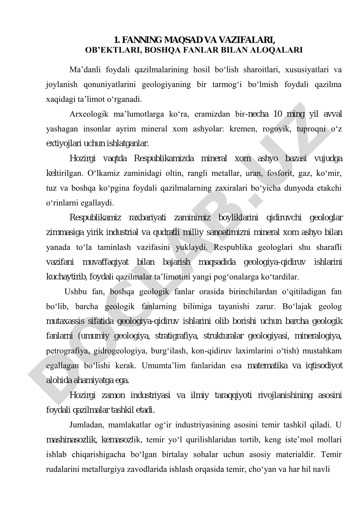 Foydali qazilmalar haqidagi ta’limotning maqsad va vazifalari