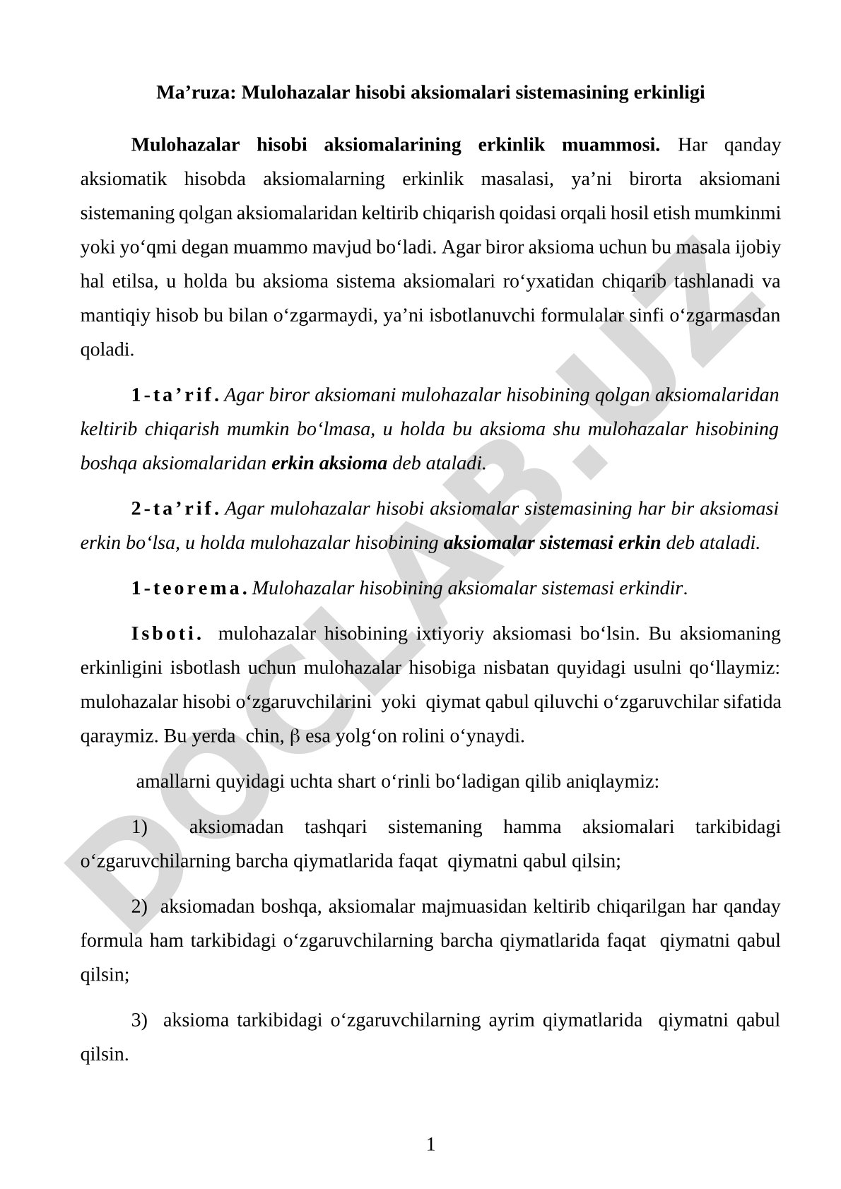 Mulohazalar hisobi aksiomalari sistemasining erkinligi