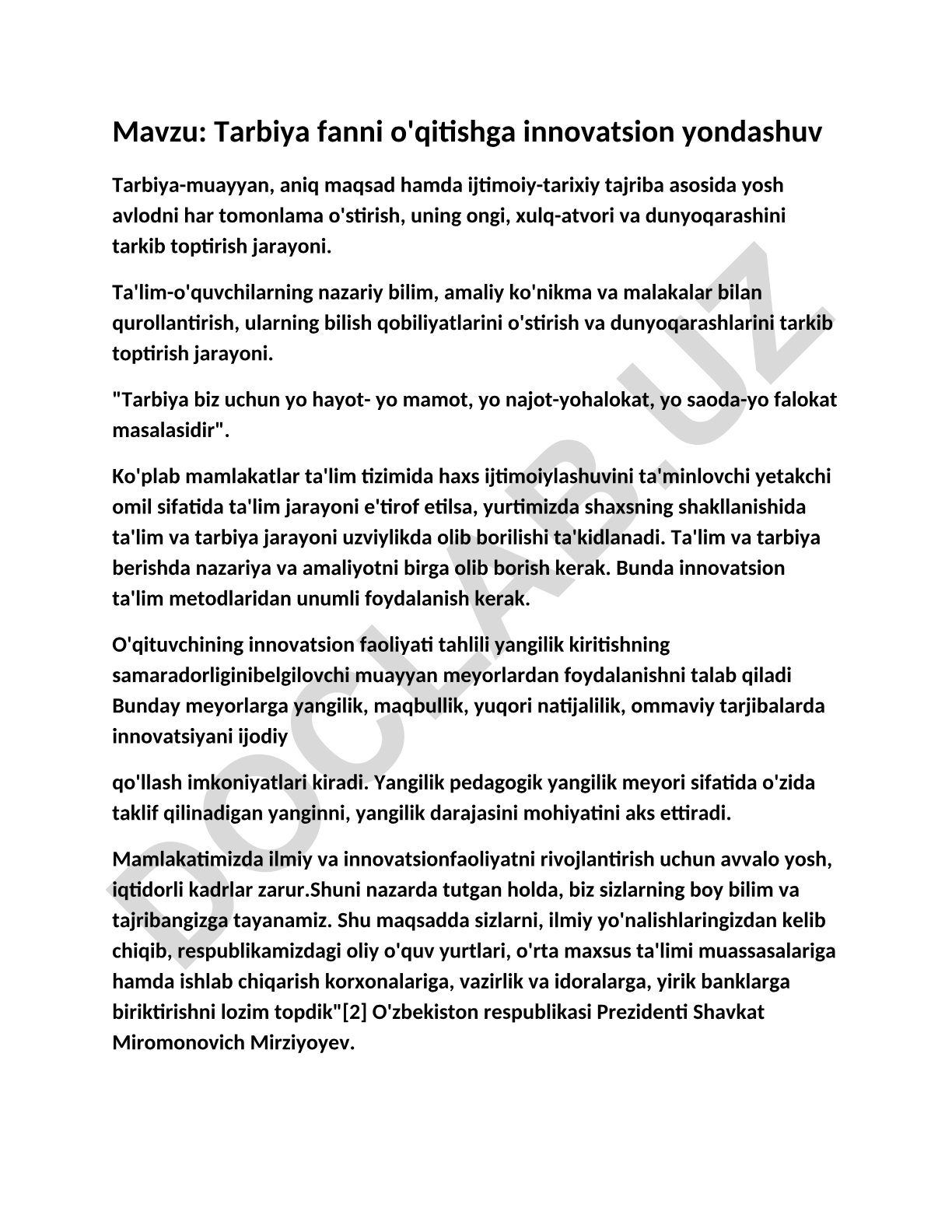 Tarbiya fanni o'qitishga innovatsion yondashuv