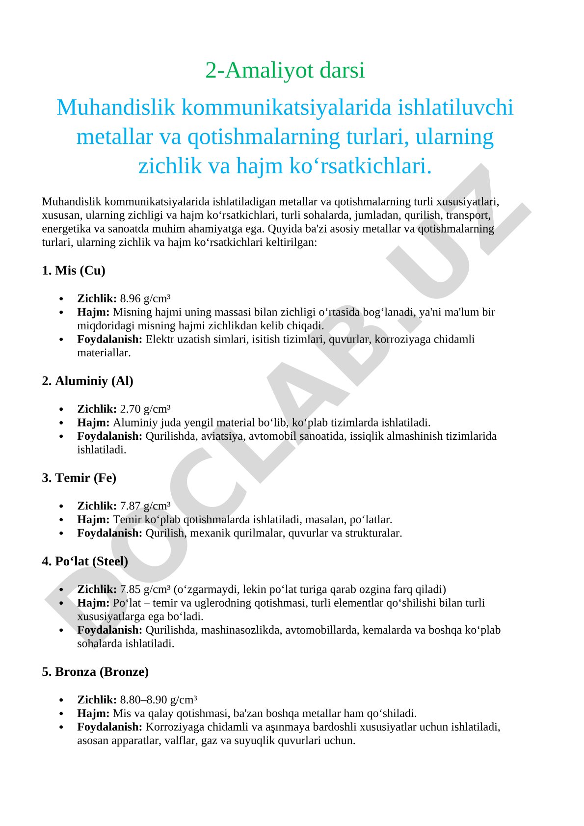 Muhandislik kommunikatsiyalarida ishlatiluvchi metallar va qotishmalarning turlari, ularning zichlik va hajm ko‘rsatkichlari