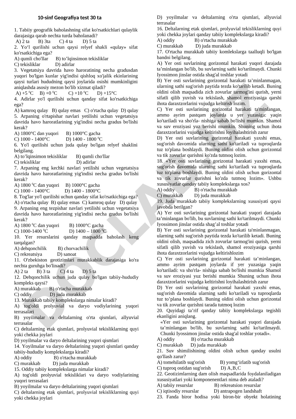 10-sinf Geografiya test 30 ta