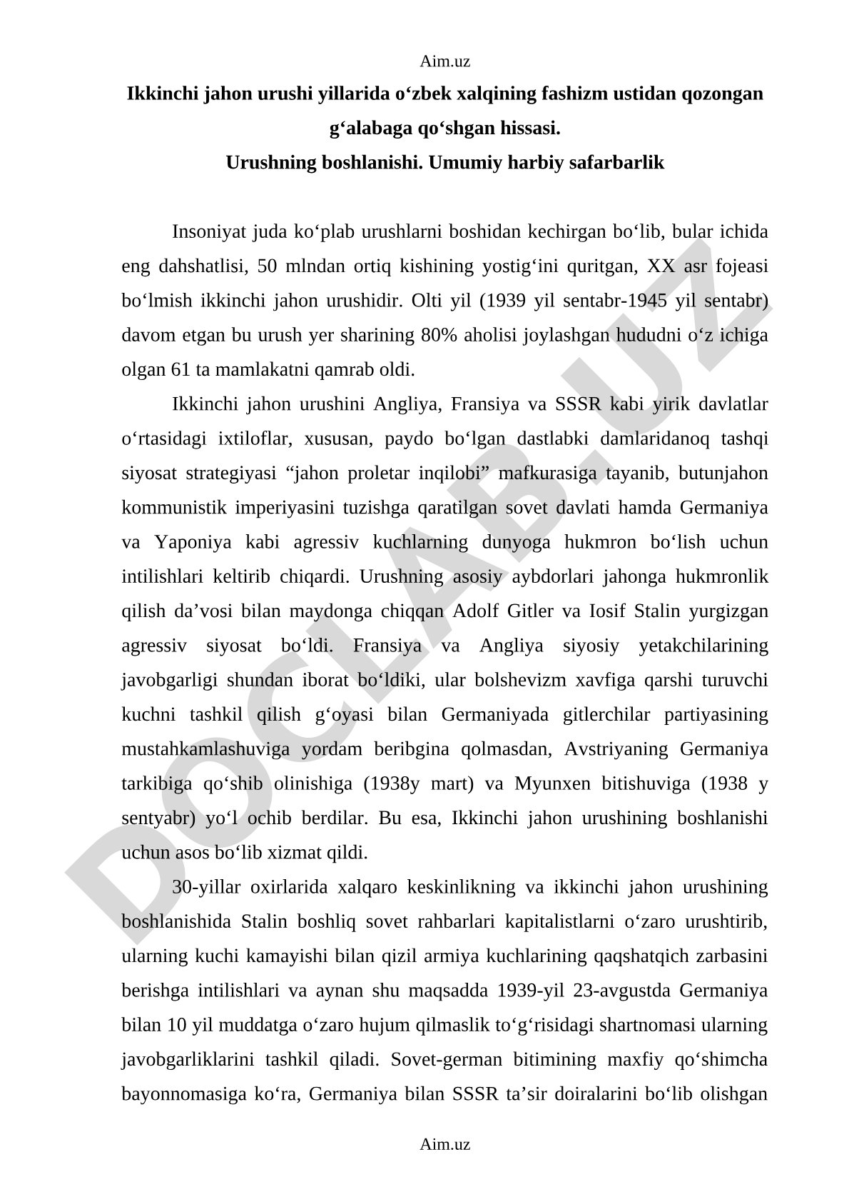 Ikkinchi jahon urushi yillarida o‘zbek xalqining fashizm ustidan qozongan g‘alabaga qo‘shgan hissasi