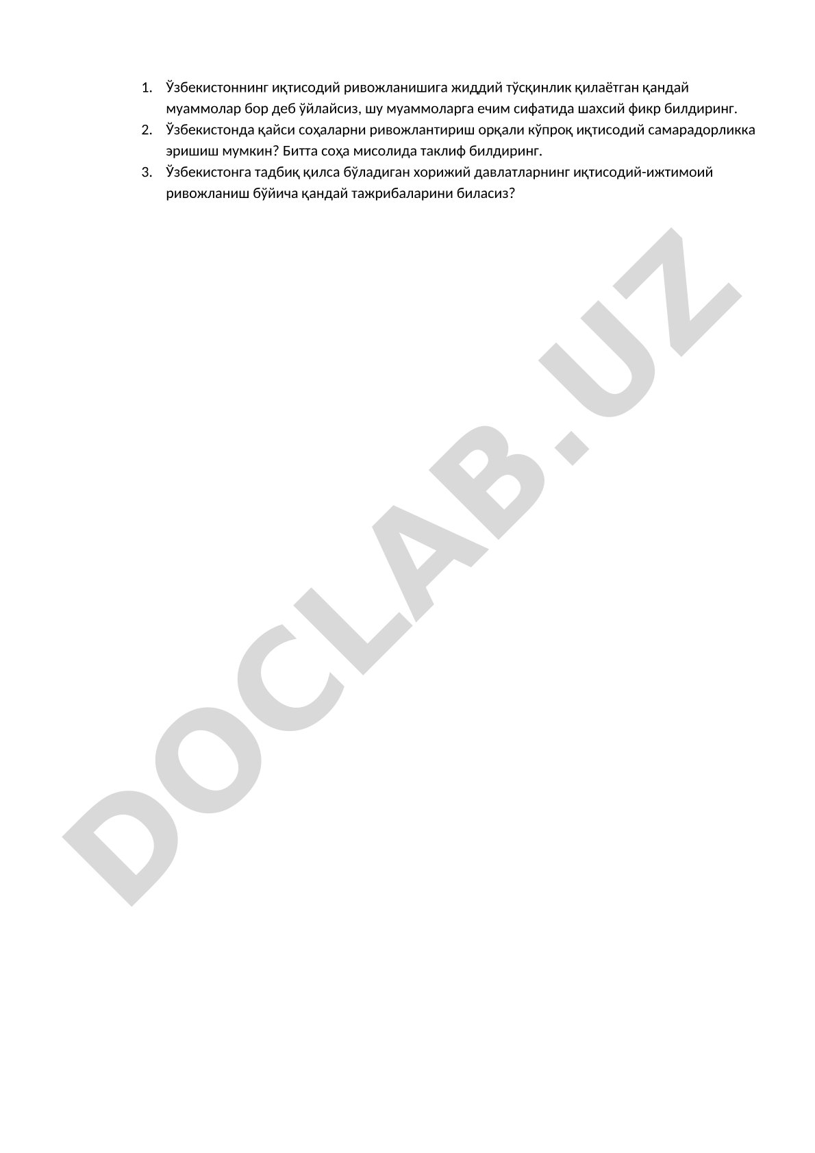 Ўзбекистон иқтисодий ривожланишидаги муаммолар ва ечимлар