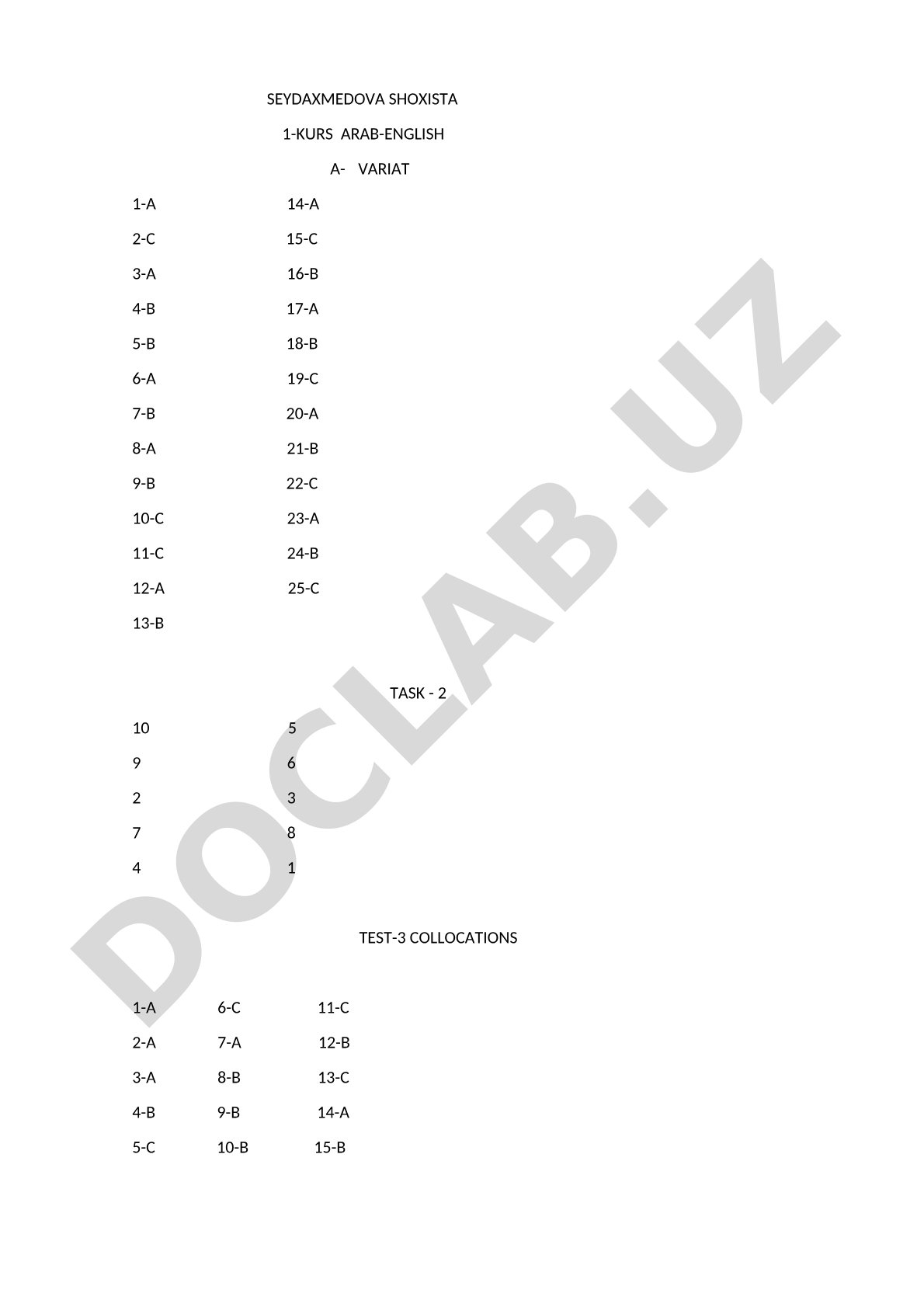 Answers to English Test and Collocations