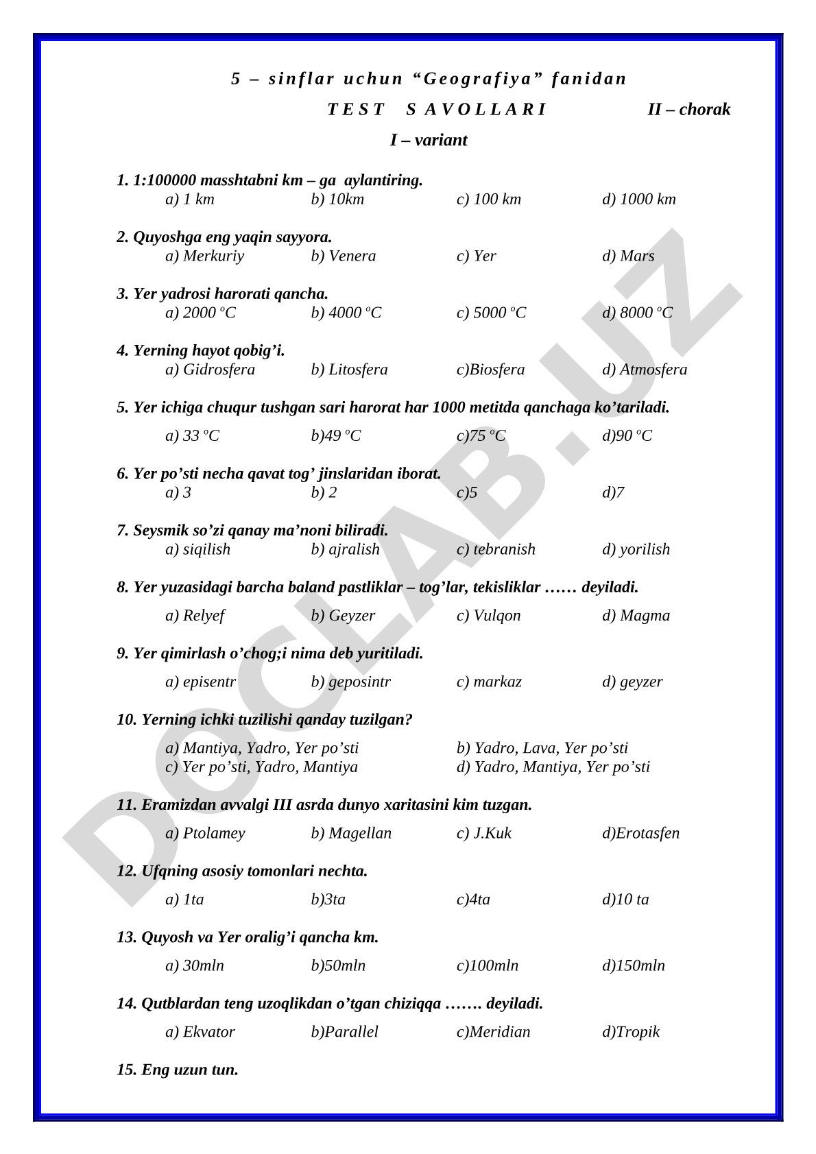 5-sinf Geografiya fanidan II chorak test savollari
